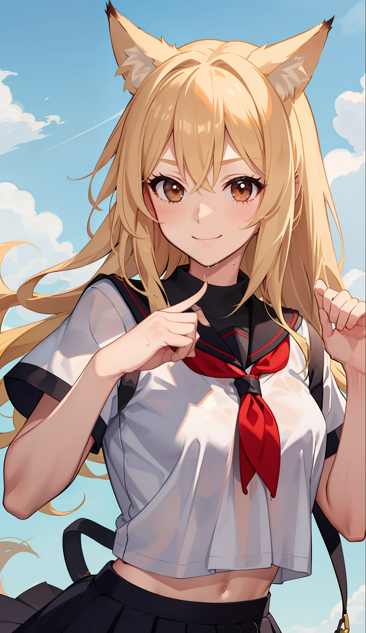 1girl in、A smile、The shirt、skirt by the、(small tits)Chilarism、Japan High School Student Uniform、serafuku、summer clothing、Squall Drenched Uniform、Sheer Bra、Fox ears、Blonde hair、(Upper body portrait)、