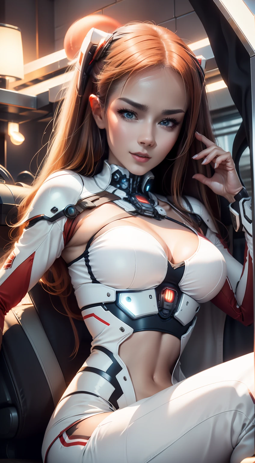 Highest image quality，Outstanding details，超高分辨率，（Fidelity：1.4），The best illustration，Favor the details，closeup cleavage，A mech girl，He has a delicate and beautiful face，（（Red and white semi-mechanical body：1.8）），Short white hair, Raised sexy，乳溝, frontage，onbed, cyber punk perssonage，Futuristic，mechanically aesthetic，Complex machinery，The background is a high-tech lighting scene in the future city，Virtual Engine 5，Perfect detail rendering，rendering by octane，hyper HD