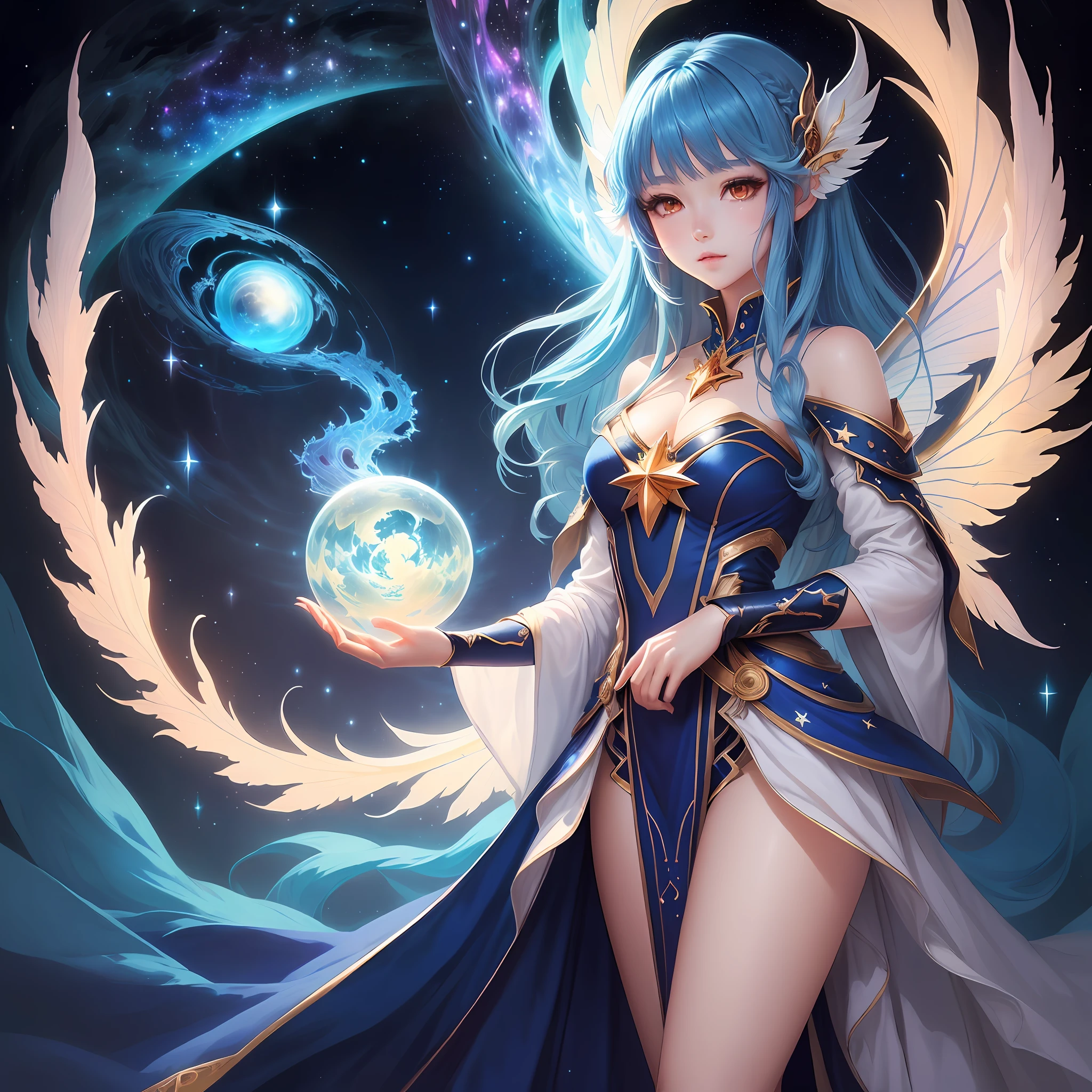 Anime, Anime girl, Blue hair, stars, dress, dress, dress, dress, dress, dress, dress, dress, dress, dress, dress,, Beautiful celestial mage, Fantasy art style, anime girl with cosmic hair, Anime fantasy illustration, Ethereal fantasy, beautiful fantasy anime, astral fairy, beautiful fantasy art, by Yang J, anime in fantasy style