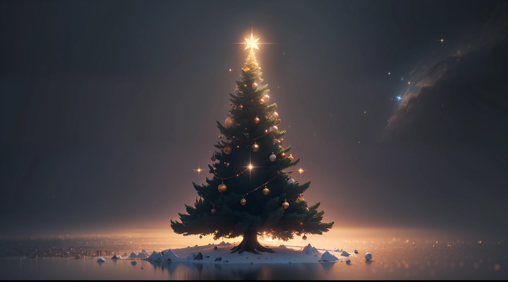 official art, unity 8k wallpaper, ultra detailed, beautiful and aesthetic, elegant, no human, photography installations, simple background, hyper-realistic, poetic intimacy, cute, Christmas tree of full size, There is a margin at the top, There is a negative space at the top, lot of space for comment, vintage, Surrealism, Minimalism, cinematic lighting, sparkle, sparkle, high detail, Romanticism, negative space, masterpiece, best quality, UHD, high details