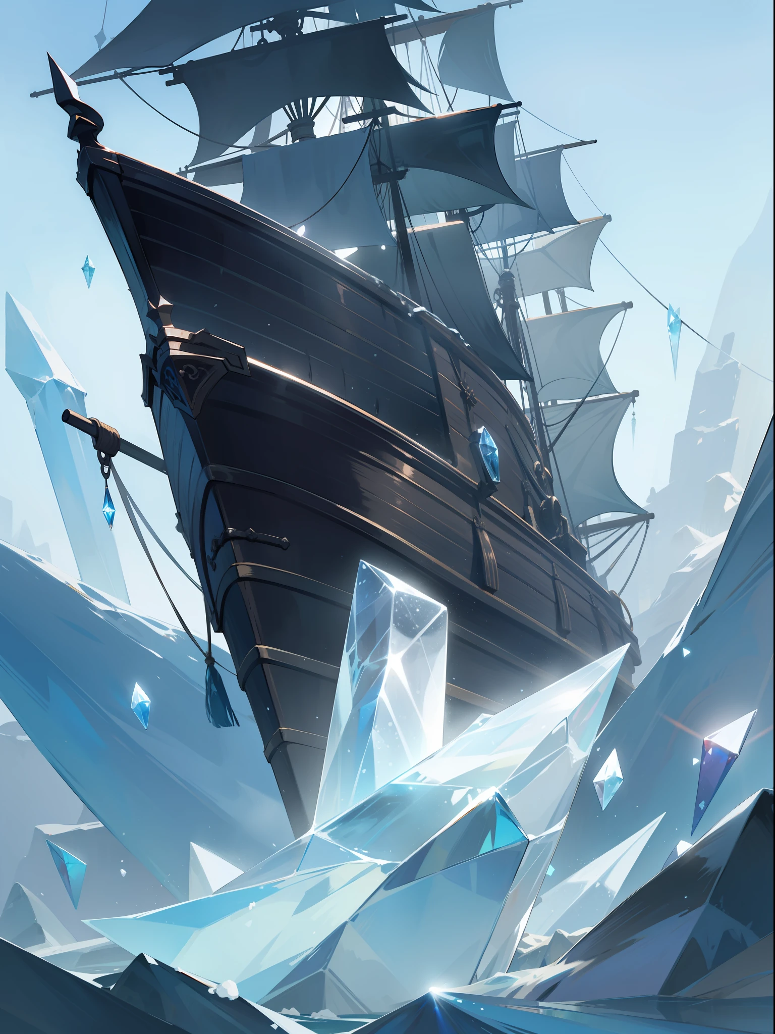 frozen pirate ship , translucent , ice , crystals frost ,frozen, refraction