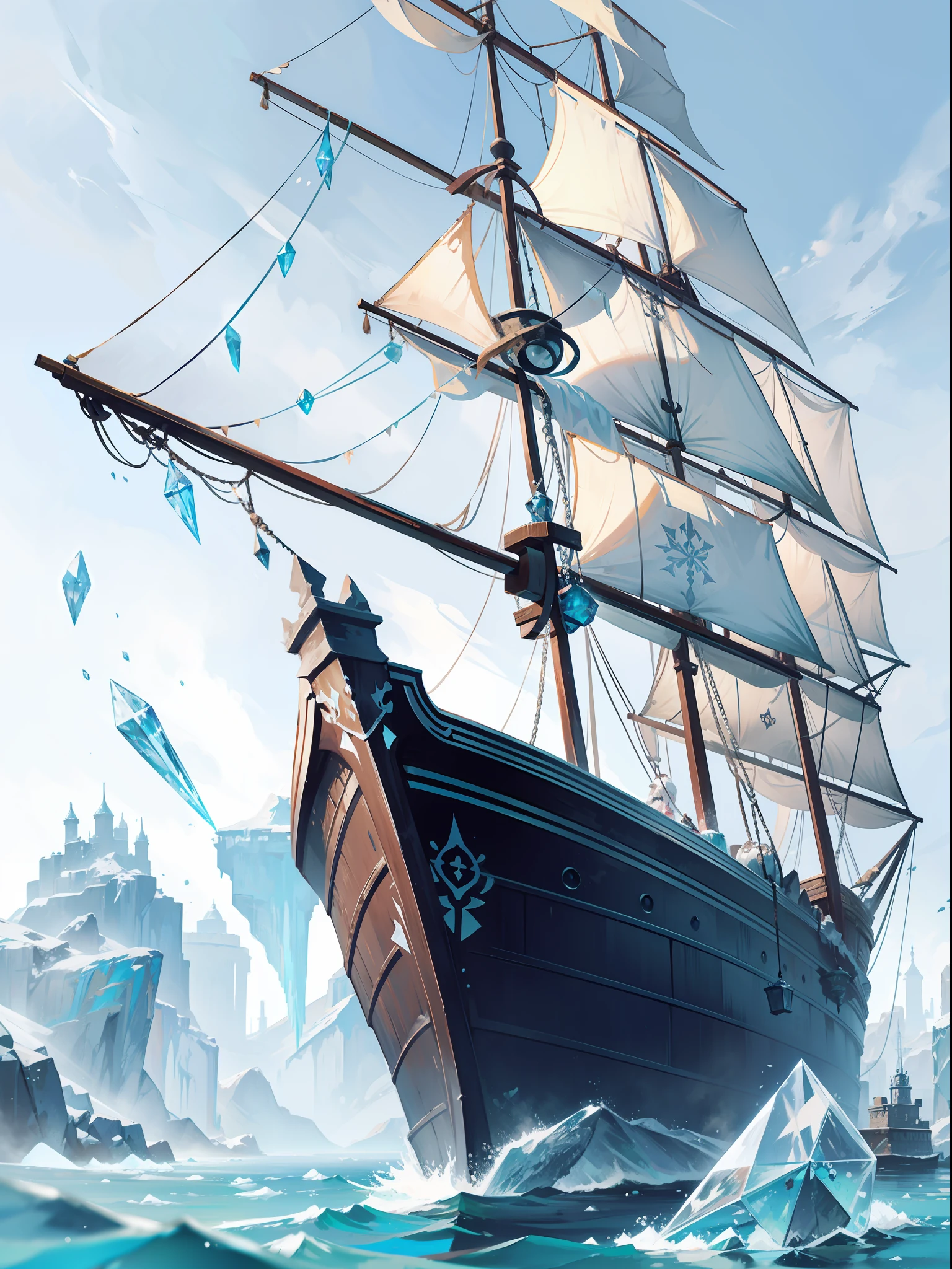 frozen   pirate   ship , translucent , ice  ,  crystals  frost ,frozen, refraction