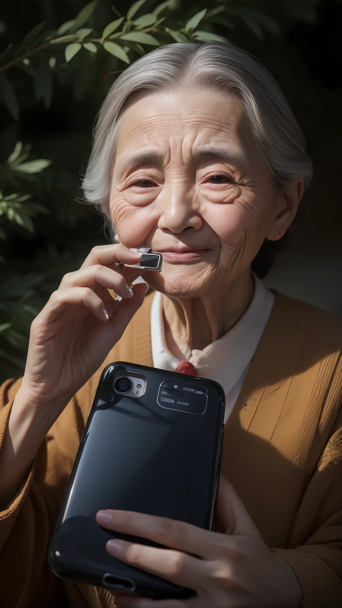 A 100-year-old woman holds a large-screen mobile phone in front of her eyes，frontage，Standard facial features，China's kind old man，An expression of anticipation，Super soft and real details，Under the big tree，ultra-clear，real photograph，Cinematic lighting effects，8K