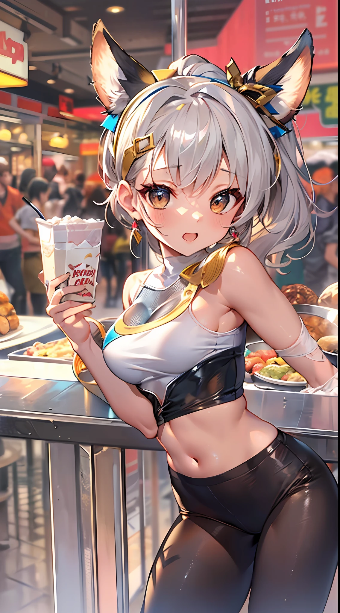 ((Masterpiece)), best quality, absurderes, ultra detailed, holographic, cowboy shot, dynamic pose, golden ratio, super cute girl, mature girl, extremely beautiful, super beautiful asian girl with super beautiful brown shiny eyes, super petite and sexy body, super beautiful legs, super beautiful brown multicolored short hair, high ponytail, shiny and super beautiful skin, nice and sexy body, slim and delicate body, perfect body, wearing a super tight black short sleeve crop top, bare shoulders, super tight translucid black leggings, hot panties, fox hairband, being photographed in a popular kawaii food court