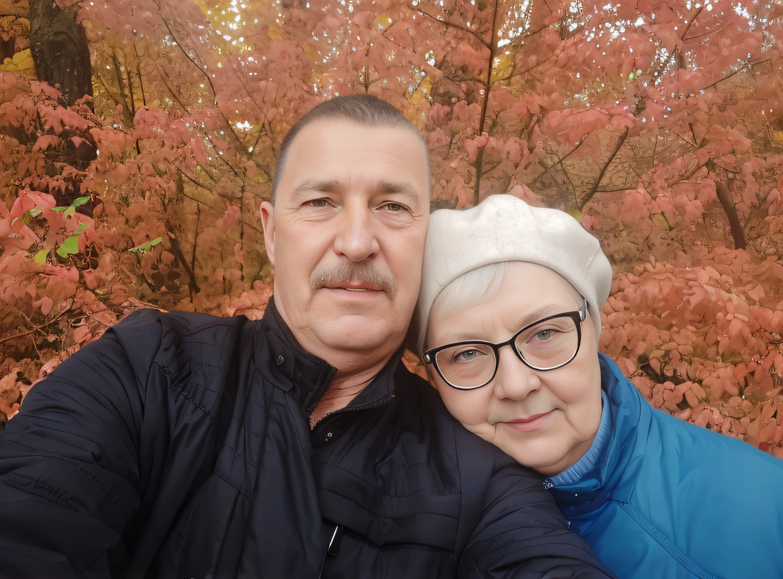 Digital painting Couple taking selfies together against the backdrop of autumn forest, Mom and Dad, by Maksimilijan Vanka, Bela Nagy Abodi, 8K)), by Zofia Stryjenska, in the autumn, 8K selfie photography, in the autumn, very accurate photo, against the backdrop of trees, autumn season, by Stefan Gierowski, digitalpainting, Oil Portrait