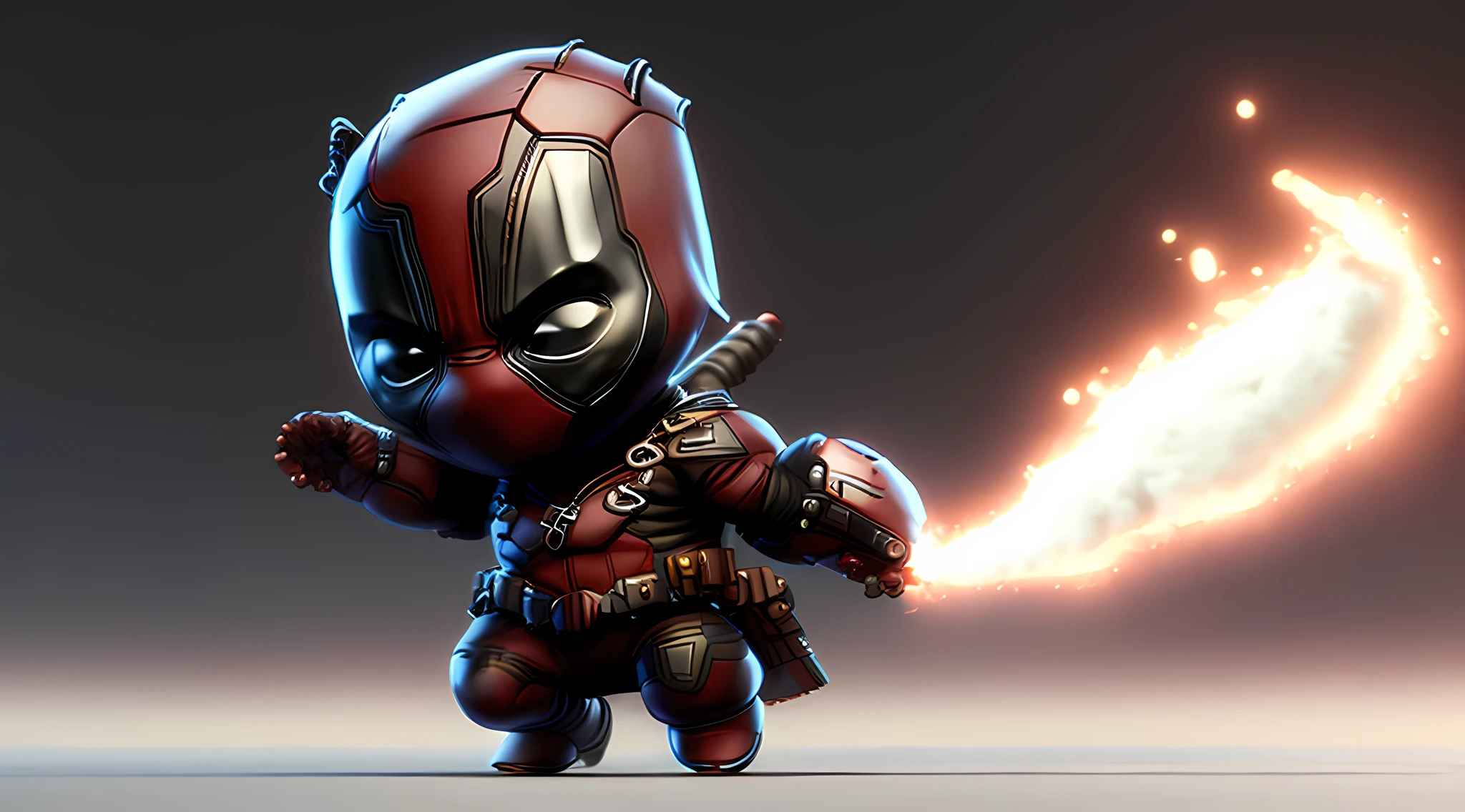 Realistic cute Deadpool's cinematic footage , surrounded with fire, Seamless, Epic, Cinematic, intricately details, Award-Awarded, Great lighting, Shading, High quality, Detailed