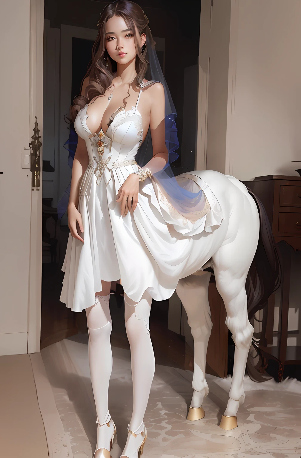 Wearing a dress,Female centaurs,The skirt is spread on horseback,Anatomically correct, s the perfect face,perfect body figure,The wedding dress covers the entire horseback,hair ribbon, anime, ray tracing, UHD, textured skin, award winning, retina, masterpiece, super detail, best quality, high details, highres, high quality, anatomically correct,Wearing a white corset,Arad woman with wings and sword, a beautiful fantasy empress, full - body majestic angel, Guviz, extremely detailed goddess shot, Anime goddess, ((a beautiful fantasy empress)), Goddess. Extremely high detail, guweiz masterpiece, Guviz-style artwork, super wide angel, Beautiful goddess, Japanese goddess,Graceful seductive posture lying flat on warm colored sheets,looking at viewert,Transparent thin sand silk skirt spread out on the bed,A long shawl wrapped around his elbow,Beauty transparent pink belt unfastened,Curvy beauty,Raised sexy,plumw,Obi Bend,miniskirt,hindquarters,Convex ,ssee-through,low chest,Invitation to sex,ribbon, vignetting, first-person view, anatomically correct