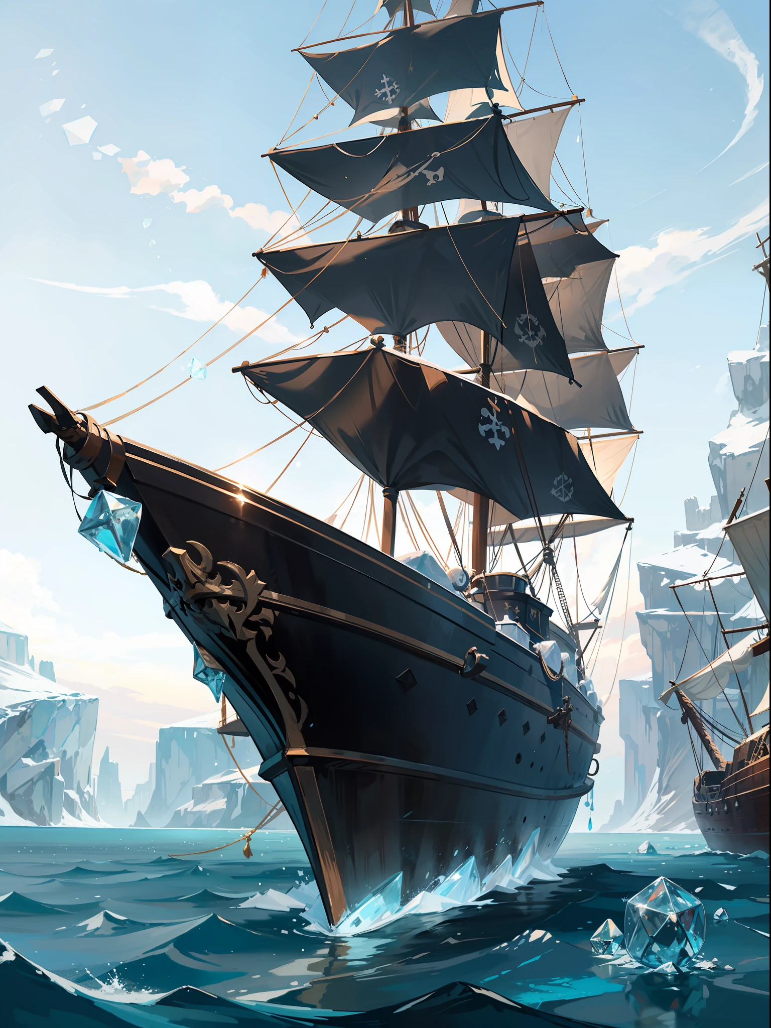 frozen   pirate   ship , translucent , ice  ,  crystals  frost ,frozen, refraction