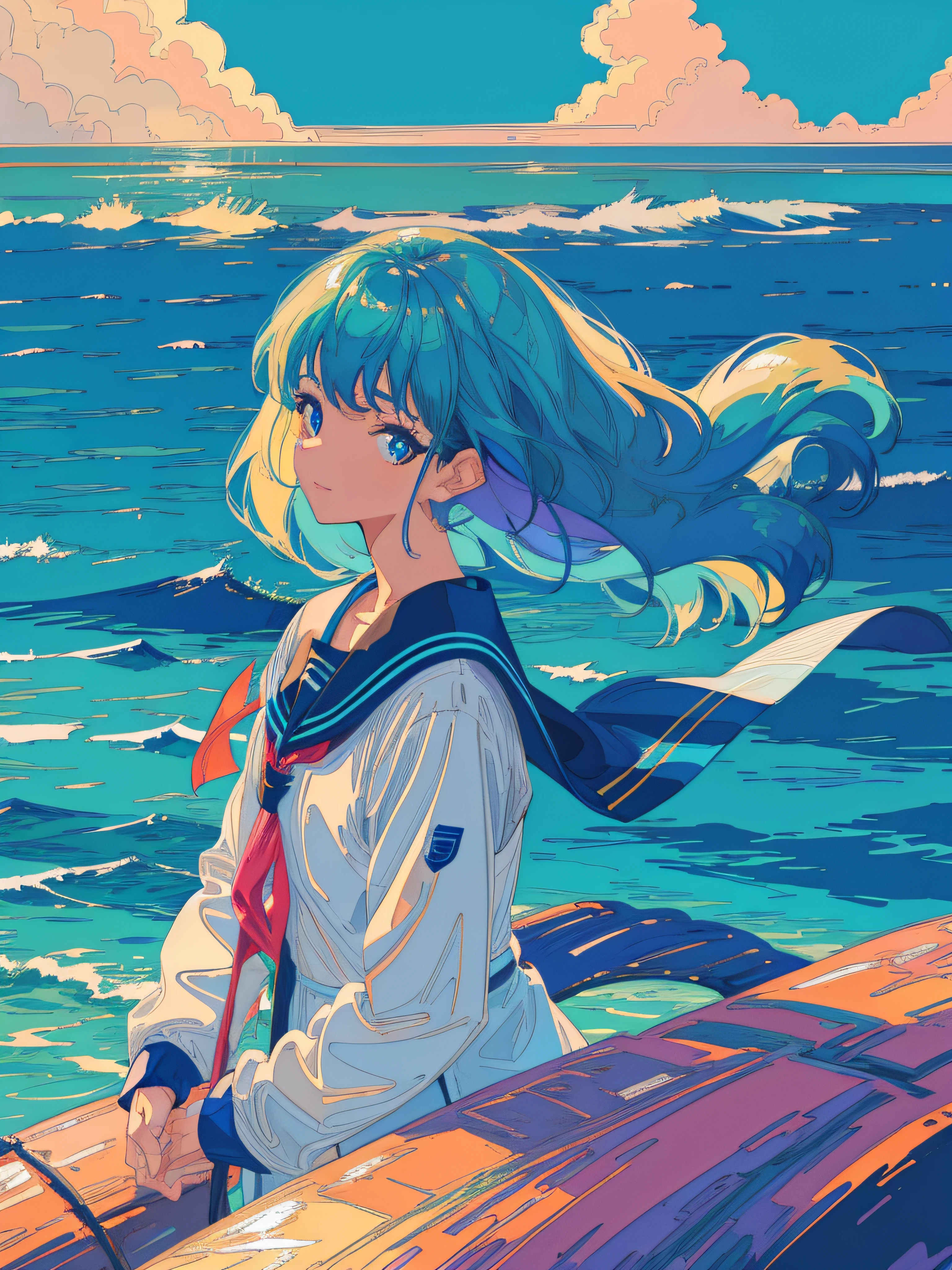 blue sea, face closeup, Mature Girl, bright colors, saturated colors, Clouds over the sea, Hide your hands, The Wind Blows