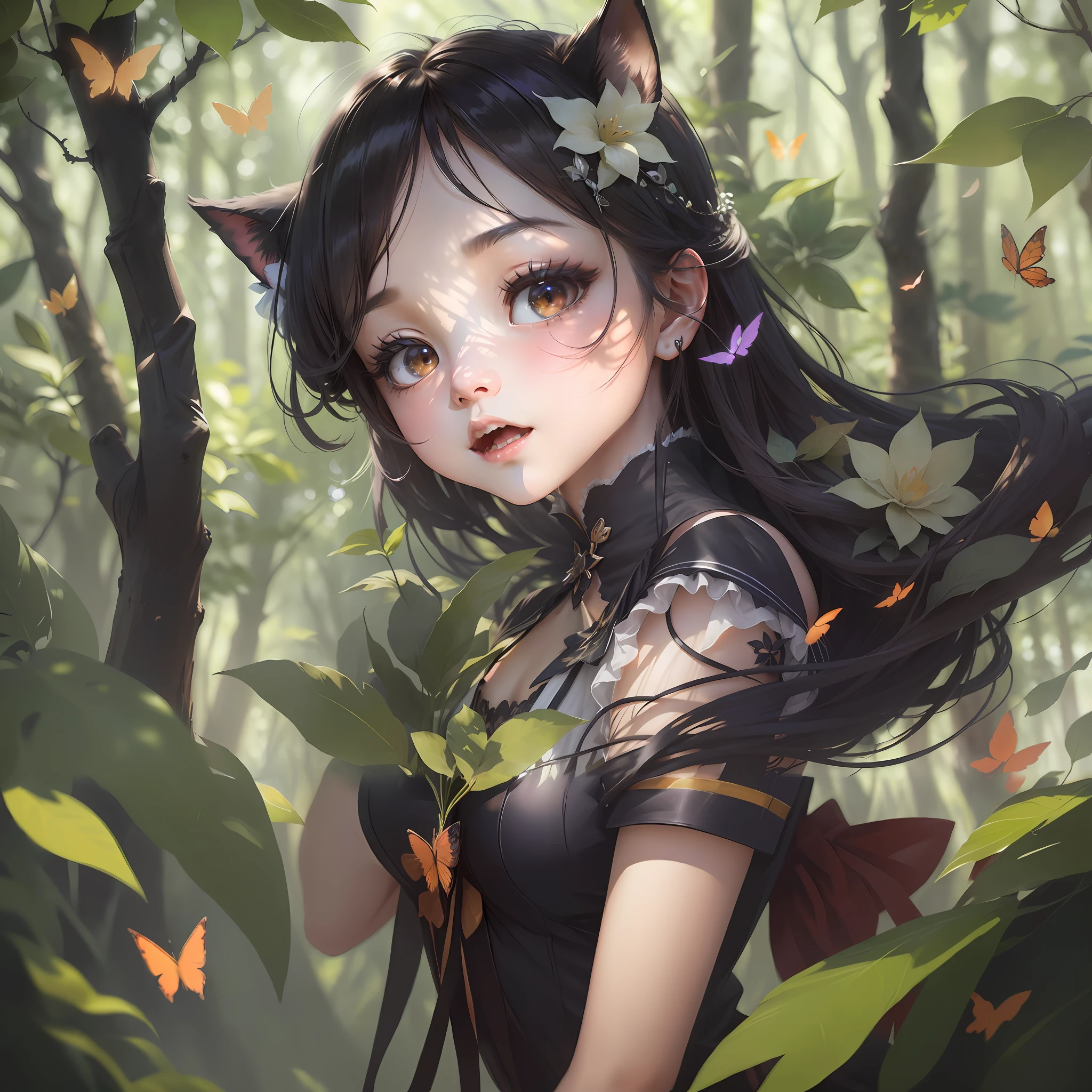 Anime girl with cat ears and butterfly hair in the forest, Guviz-style artwork, Guviz, Guweiz in Pixiv ArtStation, Guweiz on ArtStation Pixiv, beautiful anime catgirl, Fanart Meilleure ArtStation, by Yang J, very beautiful cute catgirl, Loish et WLOP, Detailed digital anime art