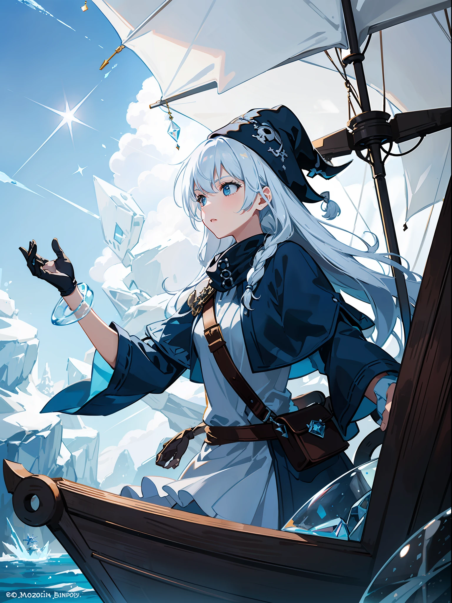 "frozen pirate ship, translucent ice with crystals, frosty atmosphere, mesmerizing refraction"