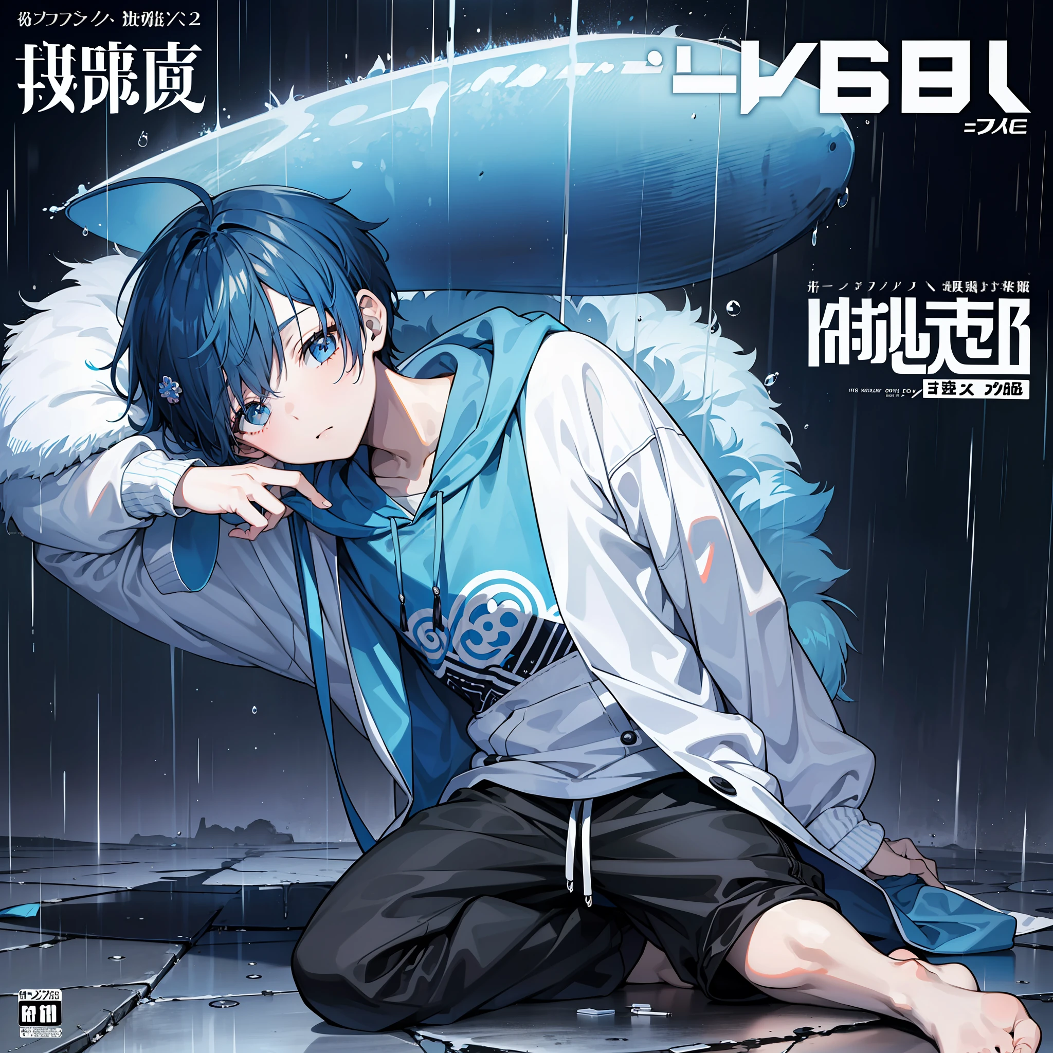 masterpiece, best quality, full body, (1boy), (blue hoodie), (Boy Messy Japanese Round Haircut for Thick Hair), (blue hair), black shorts, (solo), (magazine:1.3), (cover-style:1.3), fashionable, rain