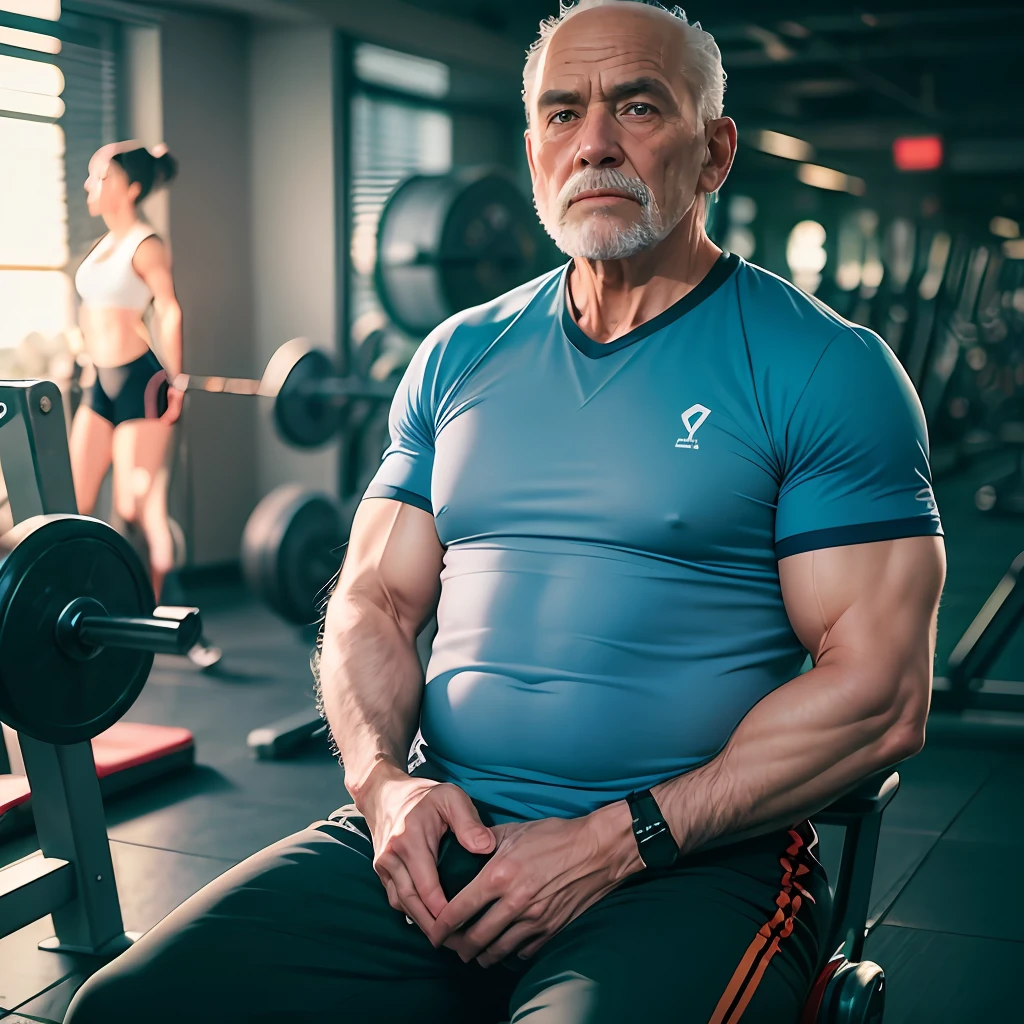 old man 60 years oldmirando la camara, fitness in gym::5 galactic::1 fire::1 satellite imagery::1 neon blue color::1 cotton::1 --auto --s2