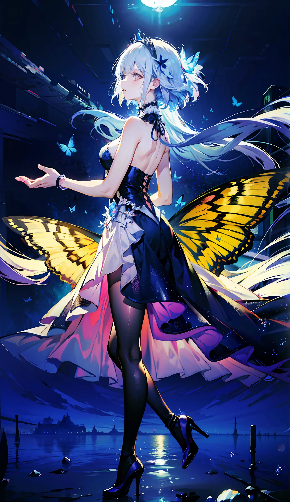 8k wallpaper,detailedbackground,Highest high resolution,silber hair,Bandeau princess dress,Castle background,A princess,tight-fitting,butterflys,themoon,The water is rippling,