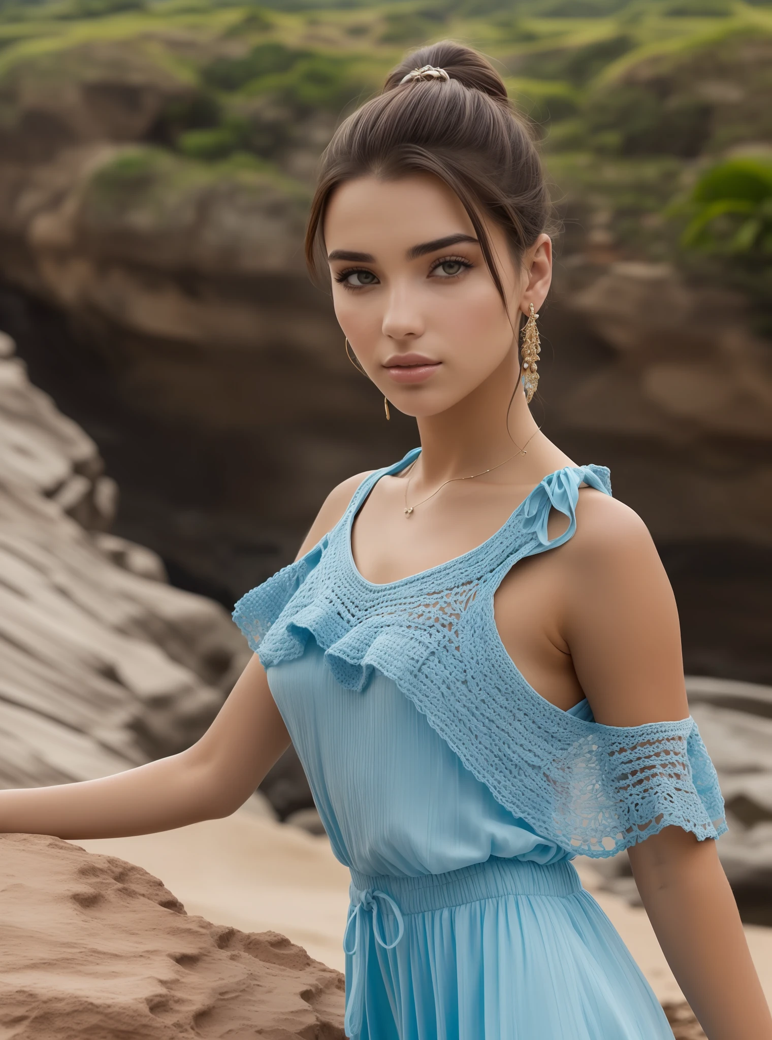 super modelo brasileira de 23 anos apresenta rosto latino, beleza de cair o queixo, Retrato Sophie Mudd, Dua Lipa, sexy:1.2 thin facial features, pele detalhada olhos castanhos, (globo ocular ultra detalhado:1.2), (symmetrical physiognomy:1.2), (anatomicamente correto:1.3), usando ((Nostalgia Summer Retro Style Dress, made of manual weaves CROCHÊ, Aplique detalhes em renda, intricate details of the crochet weave, Design estilo moderno, Maxi vestido (single shoulder:1.1) em cores vibrantes, florescente, posing on an ornate paradise cliff, vista pro oceano, Cinematic lighting, Vista a 5 metros , super detalhado, UHD, Ambiente natural realista, cliffs in Canoa quebrada, ceara, Brasil, capturado com Sony FE GM, Wide-Angle, Arremesso longo, panorama, foto macro, e Angular, ccurate, super detalhe, ccurate, UHD, melhor qualidade, high resolution 4K, Professional editing in Adobe Photoshop.