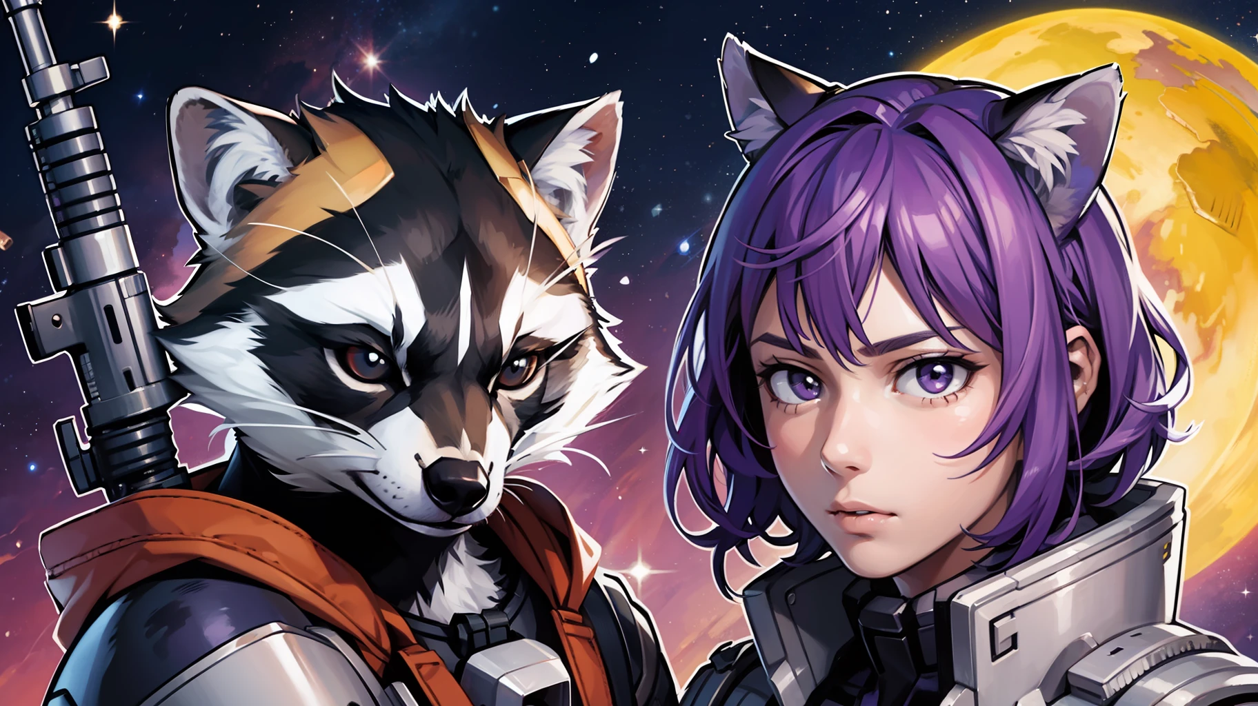 High Definition CG Illustration、top-quality、Purple haired boy and raccoon holding a gun in each hand、Guardian of the Galaxy、cosmic background