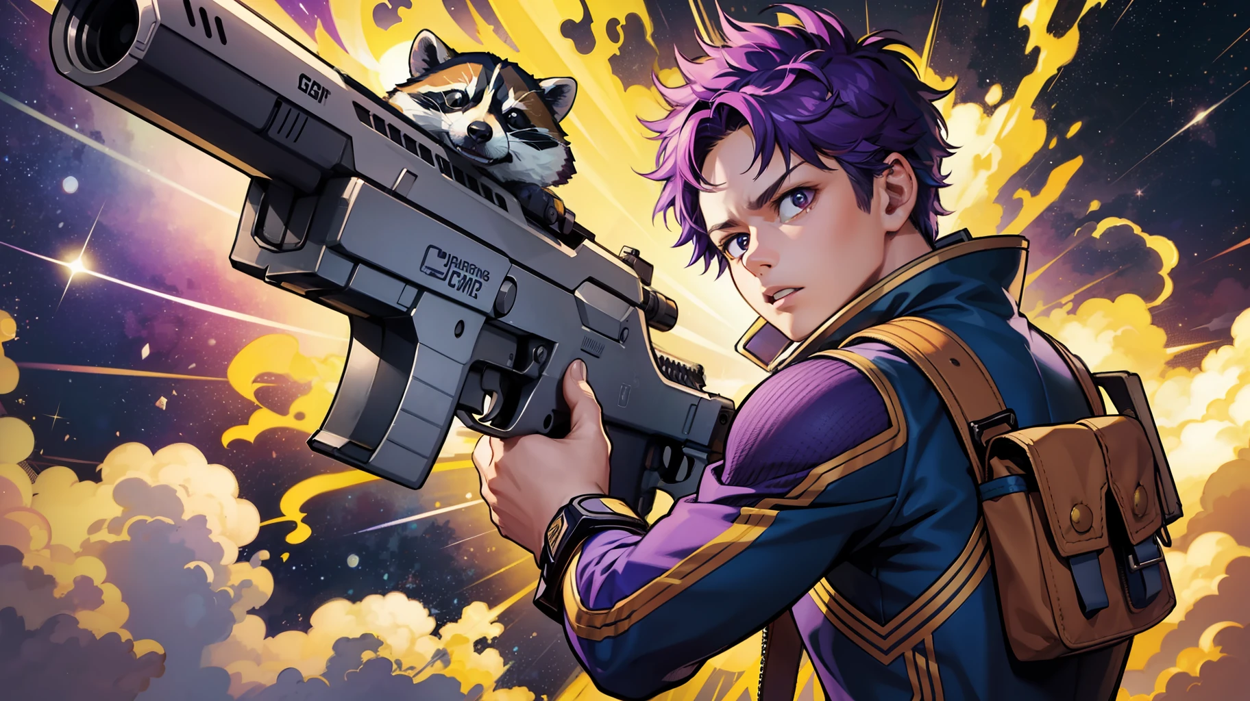 High Definition CG Illustration、top-quality、Purple haired boy and raccoon holding a gun in each hand、Guardian of the Galaxy、cosmic background