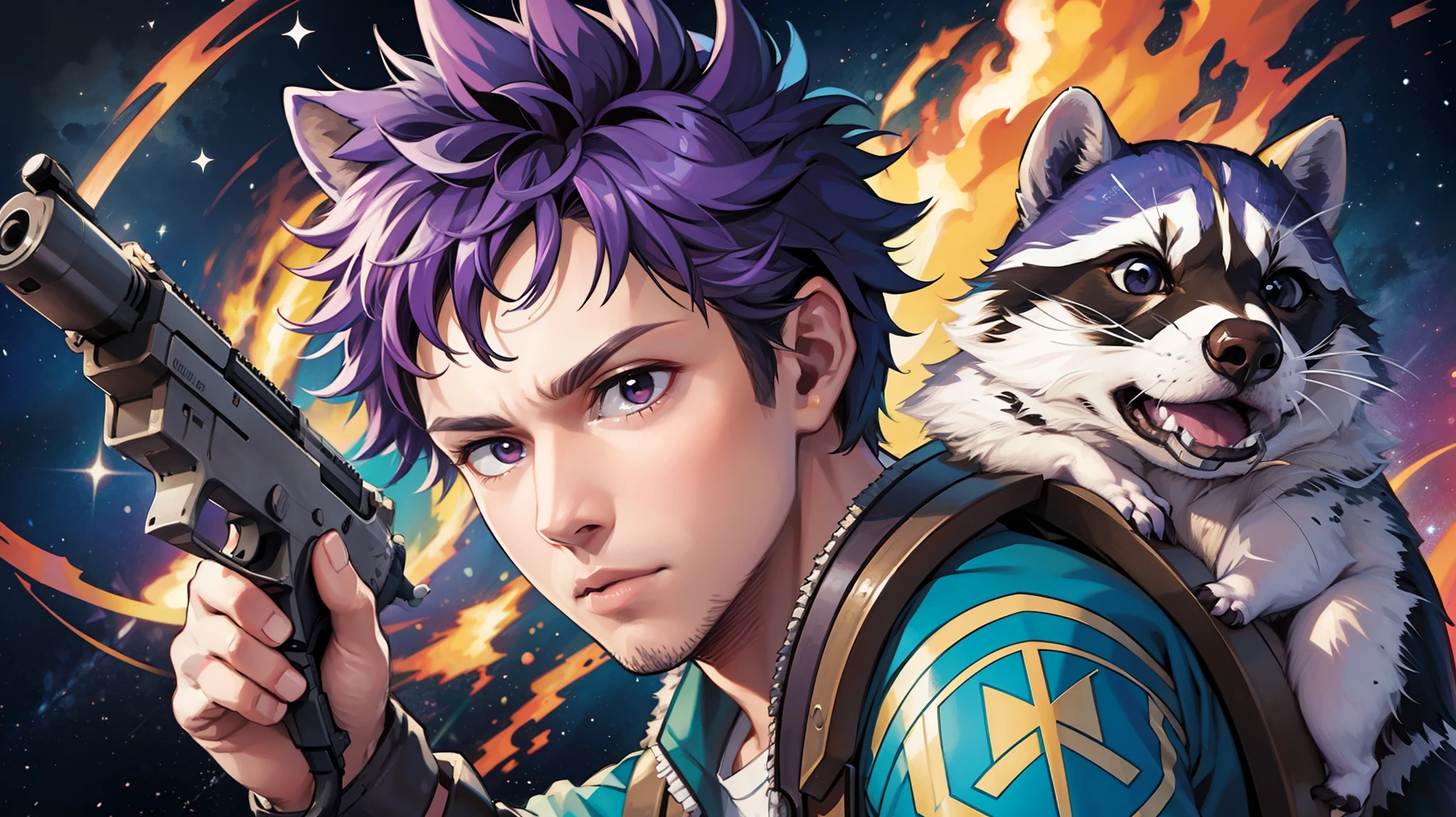 High Definition CG Illustration、top-quality、Purple haired boy and raccoon holding a gun in each hand、Guardian of the Galaxy、cosmic background