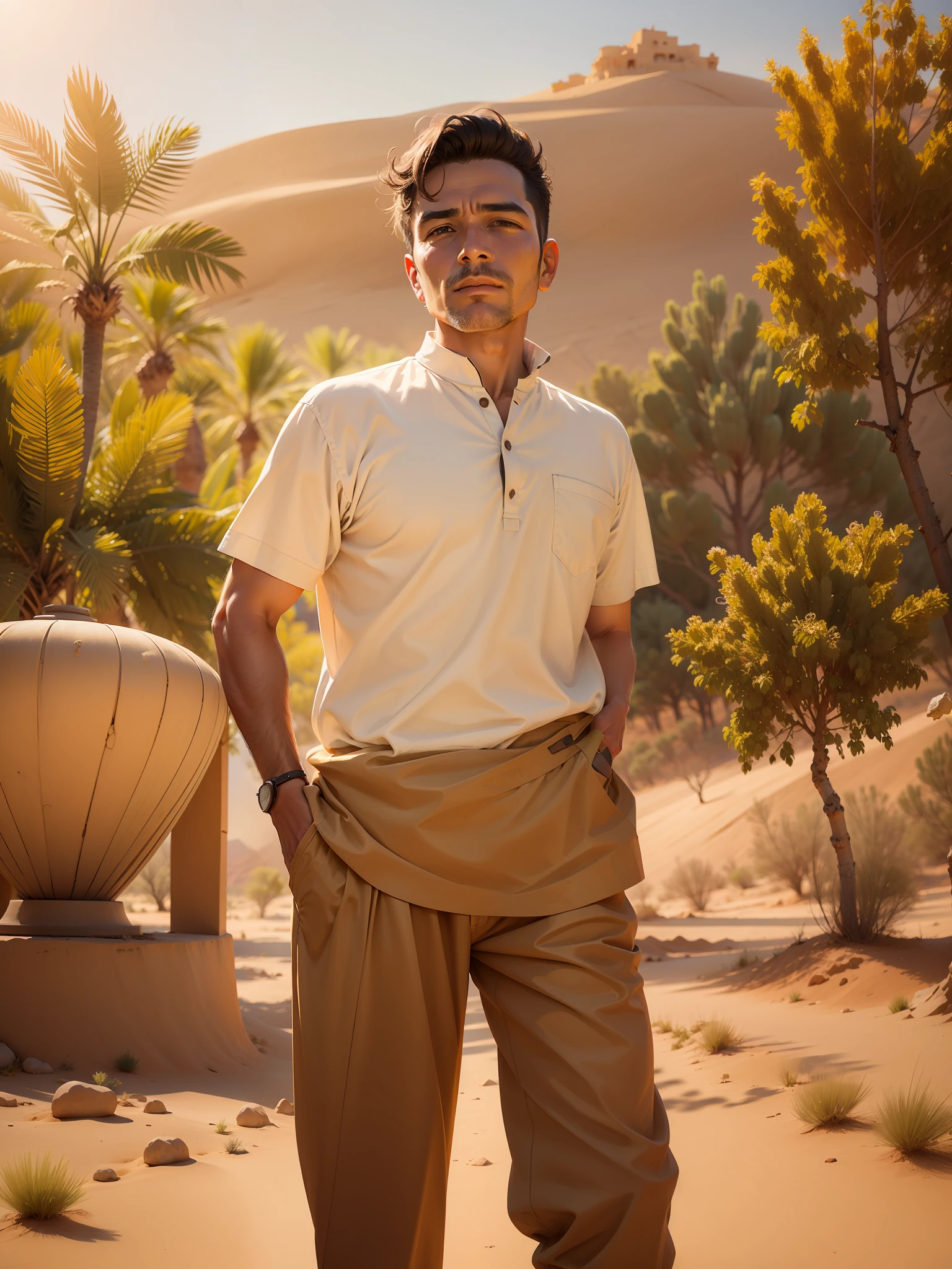 A men standing background at Desert area two three three trees sunny day. Realistic face photo, high resolution