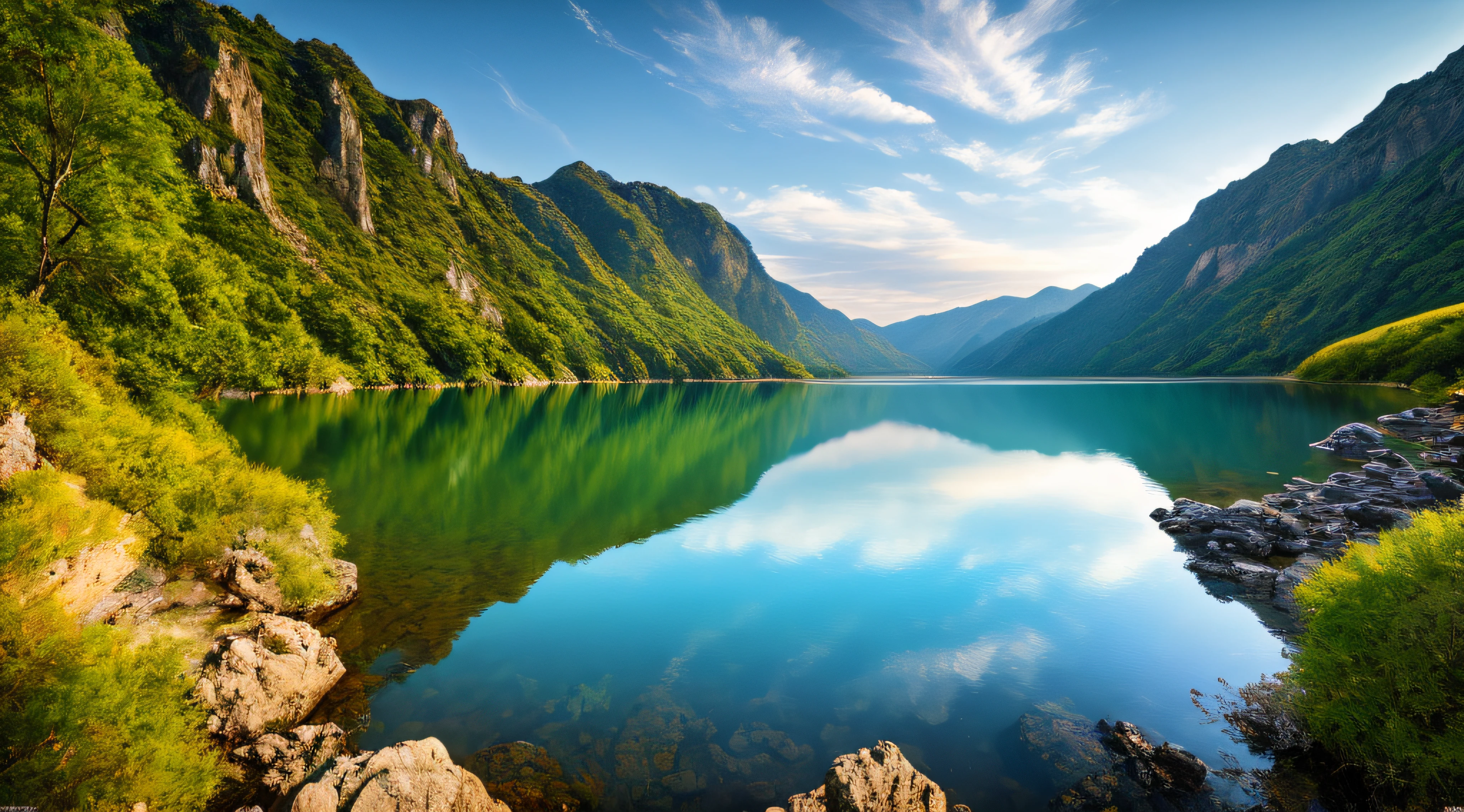 Masterpiece, ultimate quality, Cg unity 8k wallpaper, super delicate, beautiful sky and clouds, rich natural scenery, cliffs, lakes and rivers, waterfalls and flying water, beautiful green mountains, no trace of people, excellent scenery, has already won a photo contest, background Blurring, full depth of field, HDR high dynamics, true restoration, intricate, extreme details, dramatic presentation, perfectly presenting the style of midjourney art.