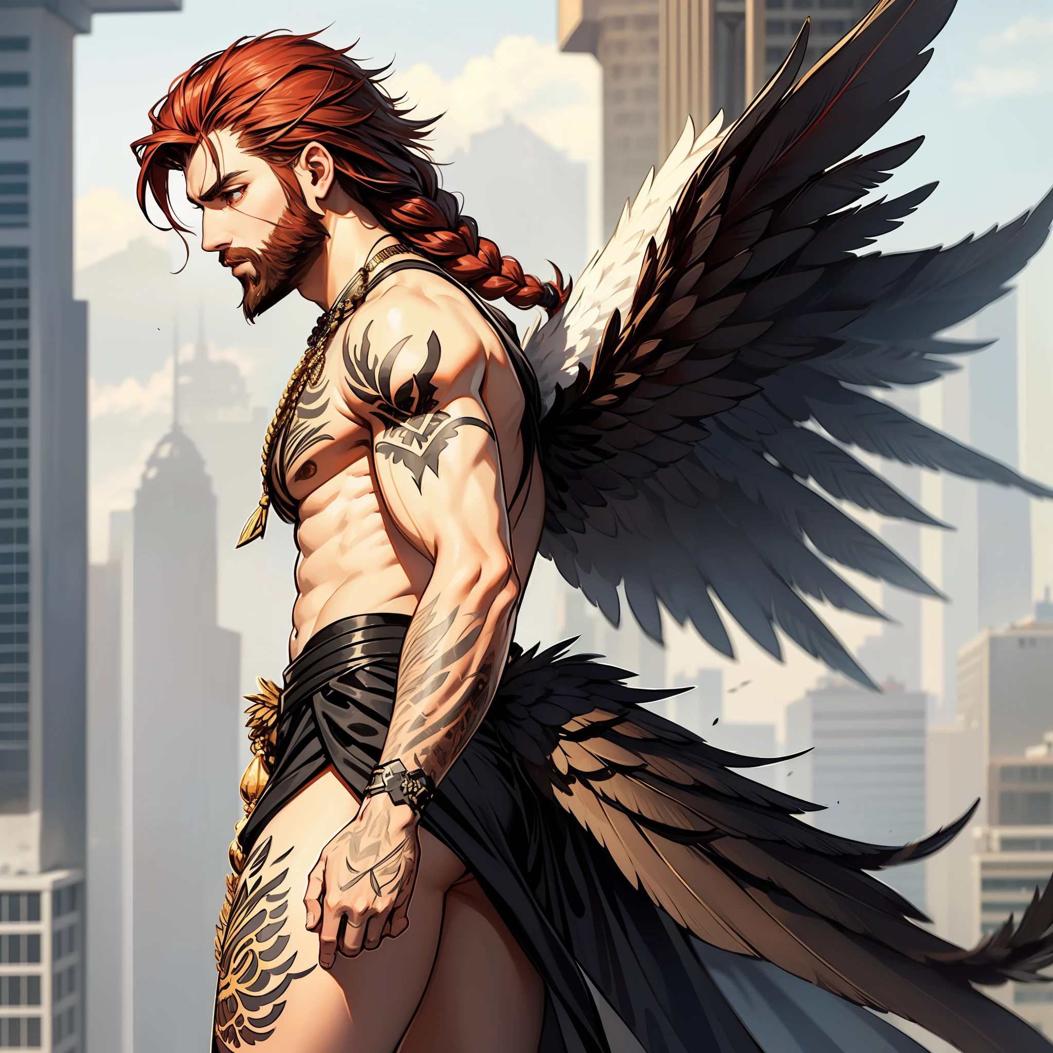 He is an Archangel. He has very long auburn hair that reaches the middle of his back, adorned with a few braids and decorated with feathers. He is extremely tall with a beard and dark brown eyes. He is known as a gentle giant. 3 Pairs of wings:
First- Large Black Crystalline Angel Wings, Black Crystal Feathers and Red Veins
Second- Medium Gold Crystalline Angel Wings, Gold Crystal Feathers and Silver Veins
Third- Small Black Crystalline Angel Wings, Black Crystal Feathers with Red stains all over
He has a thorn covered root halo.