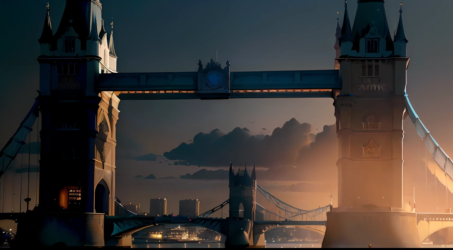 Ararfed view of a bridge with a clock tower and a boat on the water, Ponte da Torre, pintura fosca fotorrealista, pintura fosca impressionante, Londres, 3D render e pintura fosca, uma pintura fosca beuatiful, pintura fosca ultrarrealista, pintura fosca bonita, pintura fosca de alta qualidade, amazing exquisite matte painting, pintura fosca bonita