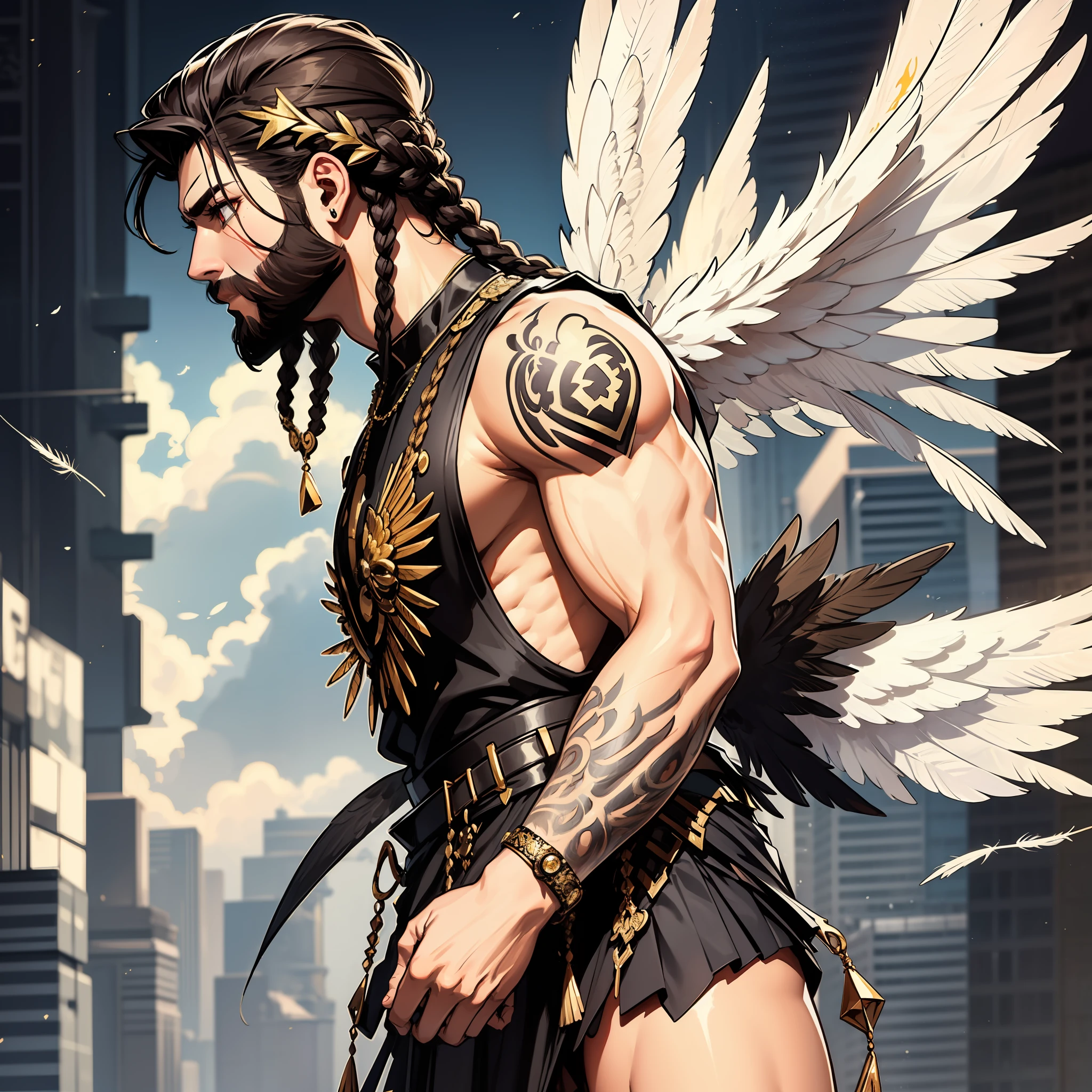 He is an Archangel. He has very long auburn hair that reaches the middle of his back, adorned with a few braids and decorated with feathers. He is extremely tall with a beard and dark brown eyes. He is known as a gentle giant. 3 Pairs of wings:
First- Large Black Crystalline Angel Wings, Black Crystal Feathers and Red Veins
Second- Medium Gold Crystalline Angel Wings, Gold Crystal Feathers and Silver Veins
Third- Small Black Crystalline Angel Wings, Black Crystal Feathers with Red stains all over
He has a thorn covered root halo.