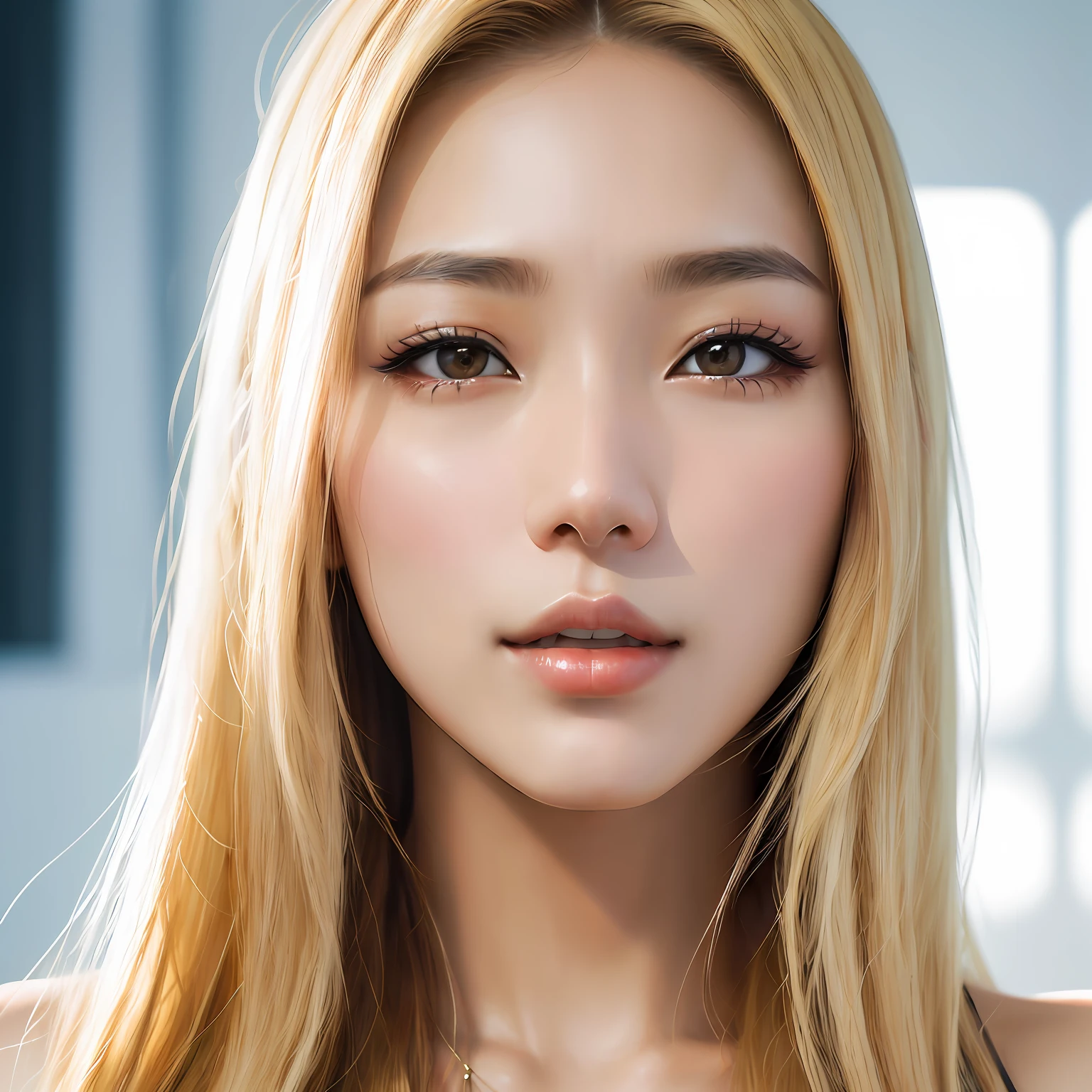 mulher arrapada com longos cabelos loiros e olhos azuis posando para uma foto, Portrait of female Korean idol, linda mulher coreana jovem, mulher coreana jovem bonita, portrait of kpop idol, Mulher sul-coreana bonita, young adorable korean face, foto retrato suave 8 k, korean face features, korean symmetrical face, maquiagem coreana popular, menina coreana, maquiagem sul-coreana popular