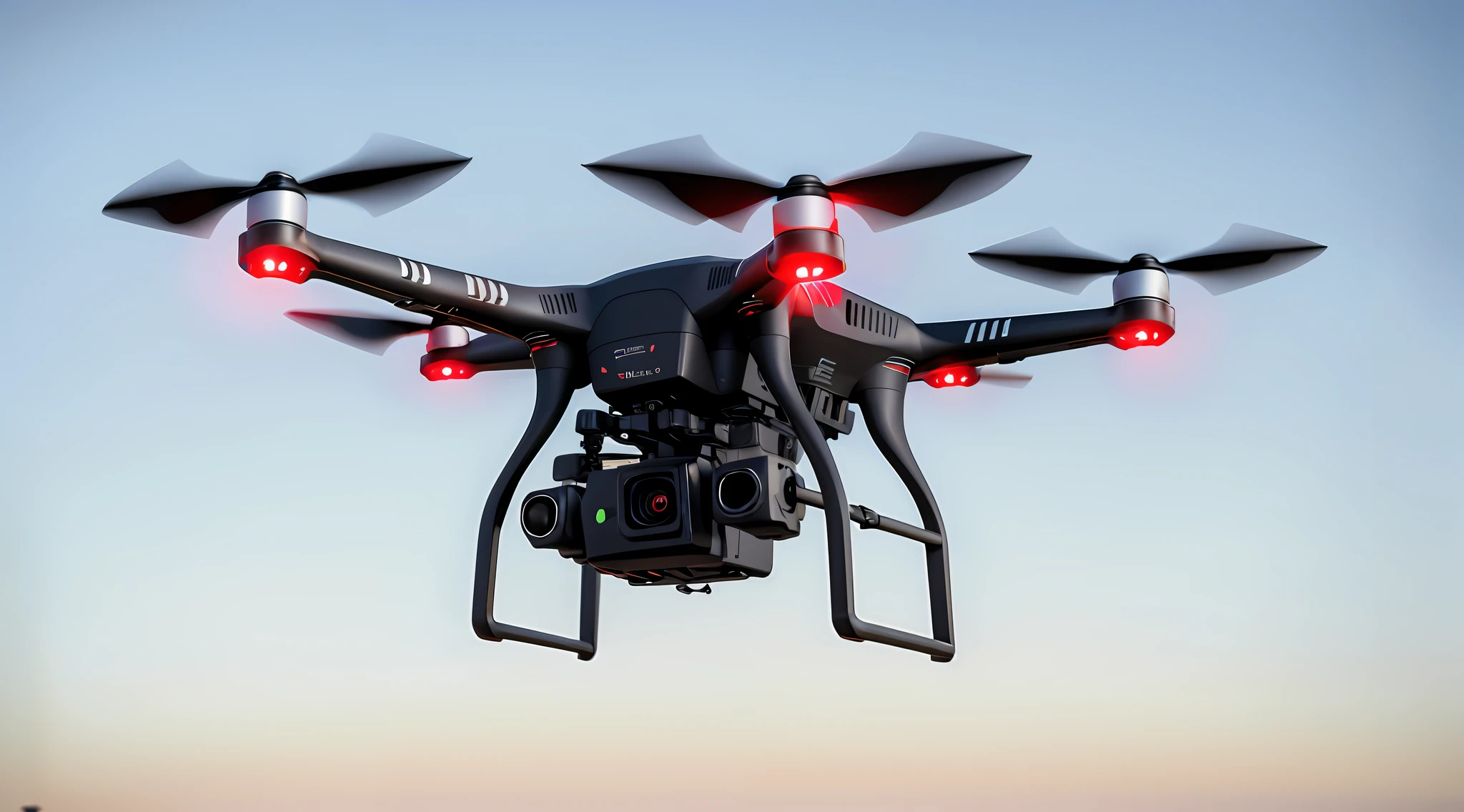 Up close, there are two black drones flying through the sky with propellers, military drone, Deadly drones, UAVs, robotic drones, fighter drones, drones, police drones, looming drone, UAVs, hovering drone, Fly drones, helicopter drones, Air drones, Combat drone strike war footage, reaver drone, drone footage, Punk drones, Bad drone camera, UAV wide-angle lens The background is a destroyer on the sea in the distance