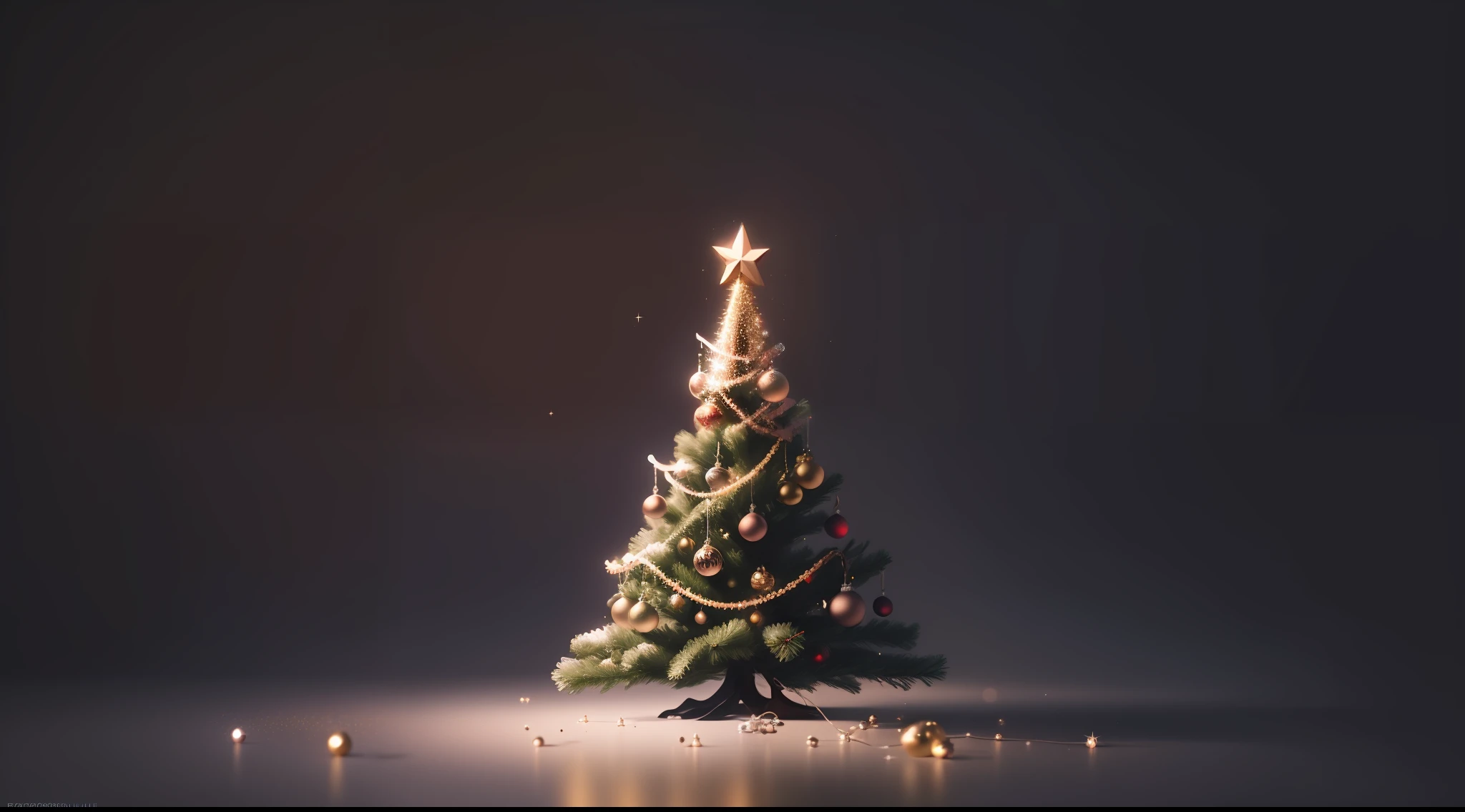 no human, photography installations, simple background, hyper-realistic, poetic intimacy, Lots of ornaments, Christmas tree of full size, There is a margin at the top, There is a negative space at the top, lot of space for comment, Surrealism, Minimalism, cinematic lighting, sparkle, sparkle, high detail, Romanticism, negative space, UHD, high details