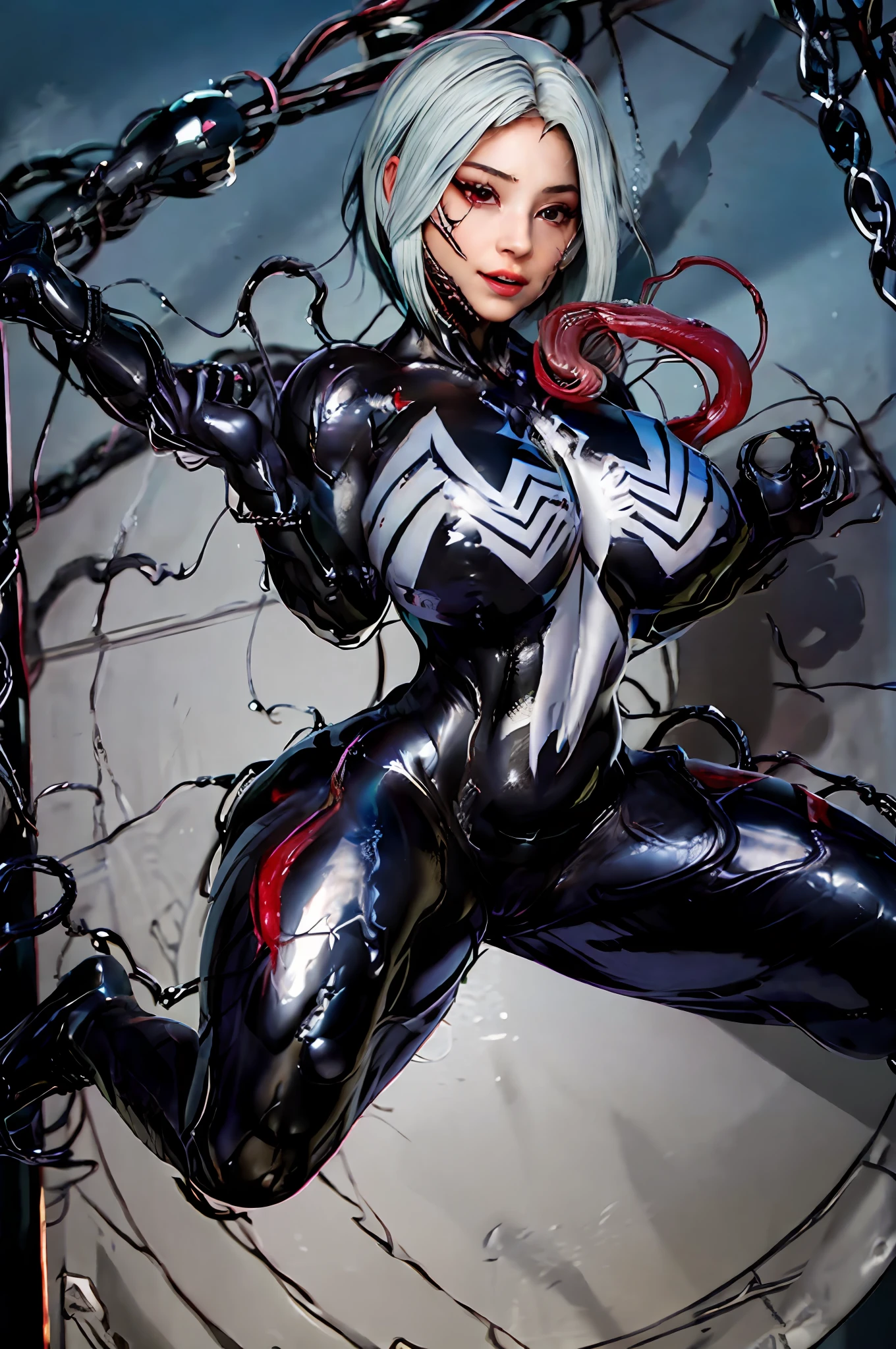 s girl,Venom Maiden,The surrounding area is covered with a viscous liquid,Lifted by black tentacles,Viscous liquid,,Lie face up,The hands are separated by chains,struggling,pain,,Silvery-white hair,Magic set,Red eyes,(camel-toe,, Vulvar shape:1.2)body parts, no extra limbs, precisely anatomy