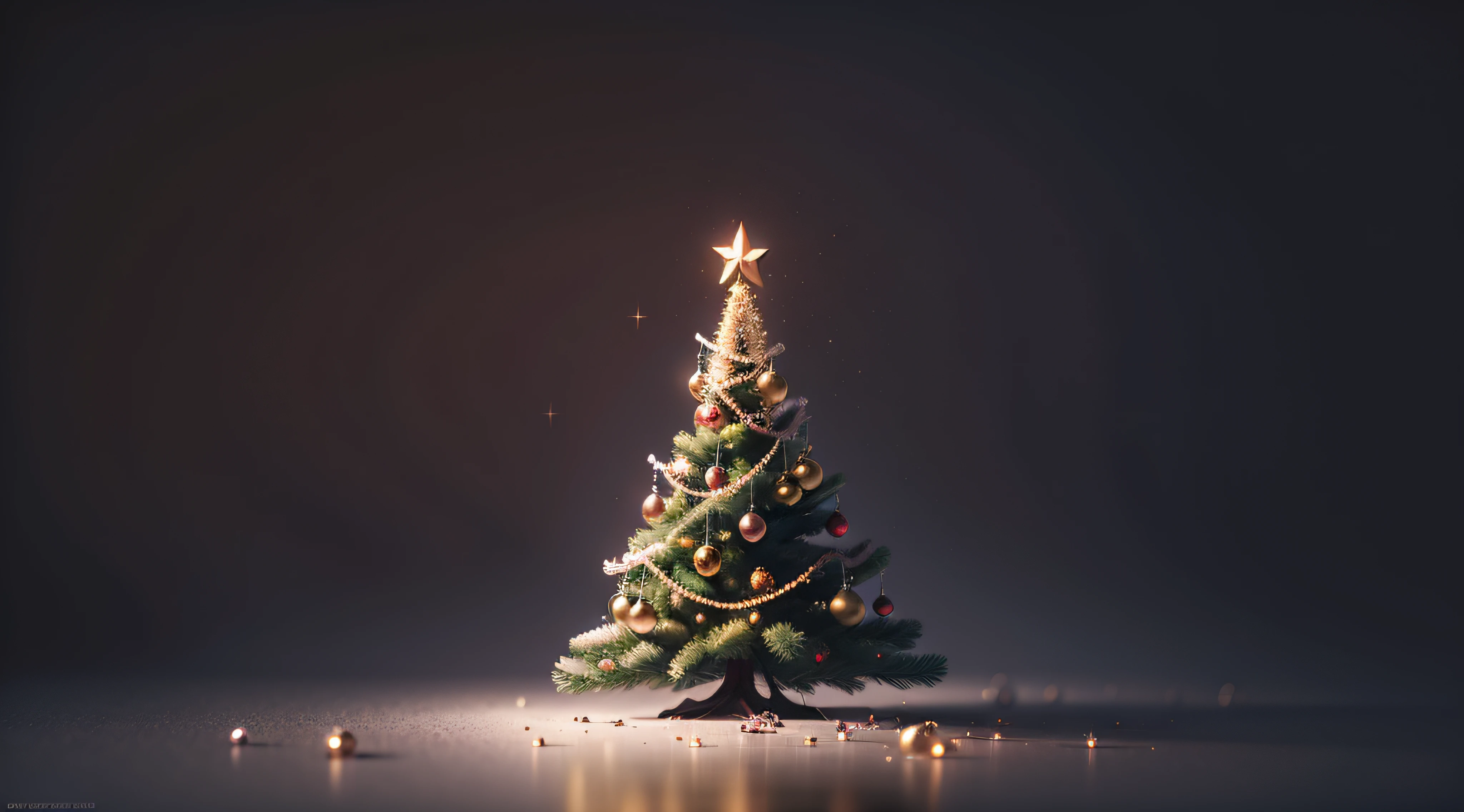 no human, photography installations, simple background, hyper-realistic, poetic intimacy, Lots of ornaments, Christmas tree of full size, There is a margin at the top, There is a negative space at the top, lot of space for comment, Surrealism, Minimalism, cinematic lighting, sparkle, sparkle, high detail, Romanticism, negative space, UHD, high details