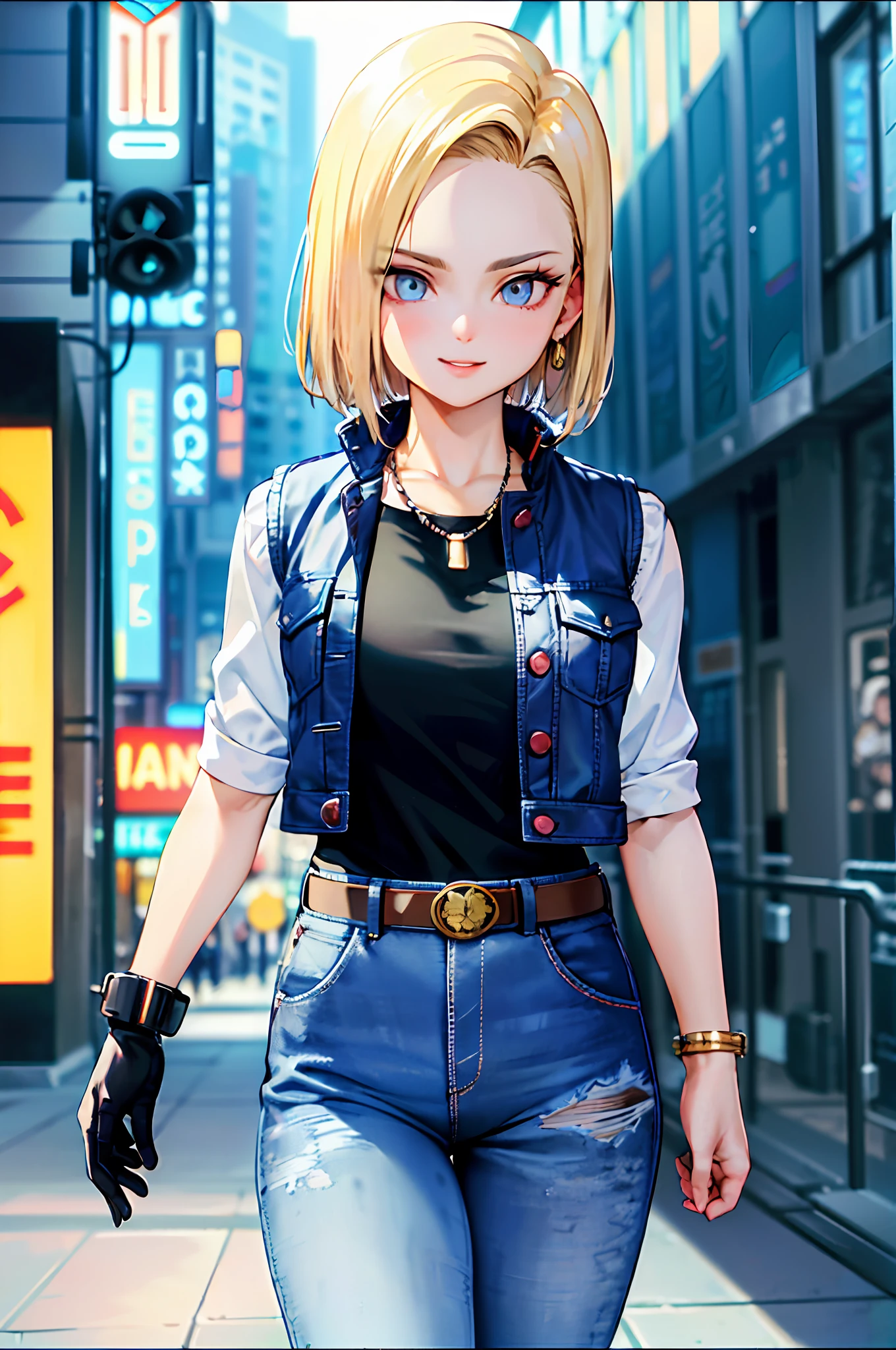 tmasterpiece， Best quality at best， ultra - detailed， absurderes， Sexy portrait of Android18DB， 独奏， 耳Nipple Ring， jewely， denim pant， ssmile， thongs， croptop tanktop， Abs,trouser， mitts， choker necklace， denim pant， Cyberpunk Street bustling neon lights， Volumetriclighting， best qualtiy， tmasterpiece， Complicated details， Tone-mapping， tack sharp focus， ultra - detailed， Trend at Artstation，