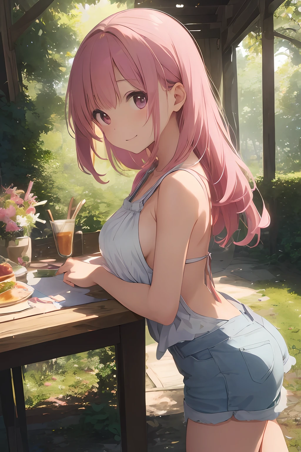 (​masterpiece、realisitic:1.4)、(very intricate:1.2)>、Close Shot、((Pastel tones)),portlate、(The upper part of the body:1.2)、(from the front side:1.3)、(dinner table)、Backless Tank Top、hotpants、(Very long hair)、A smile、breastsout、bare shoulders​、garden、dinner、nigh sky、(florals)、(Confetti)、looking at the viewers、Italian、tilt of the head、the wind、rays of moonlight、1girl in、独奏、Pink hair、BREAK、ciinematic light、超A high resolution、8KUHD、film grains、perfect anatomia、Exquisitely detailed skin、 Best Shadows、Delicate、raw、hight resolution、Precise background、(Natural forest in the background)、(breastsout)Protrusion of