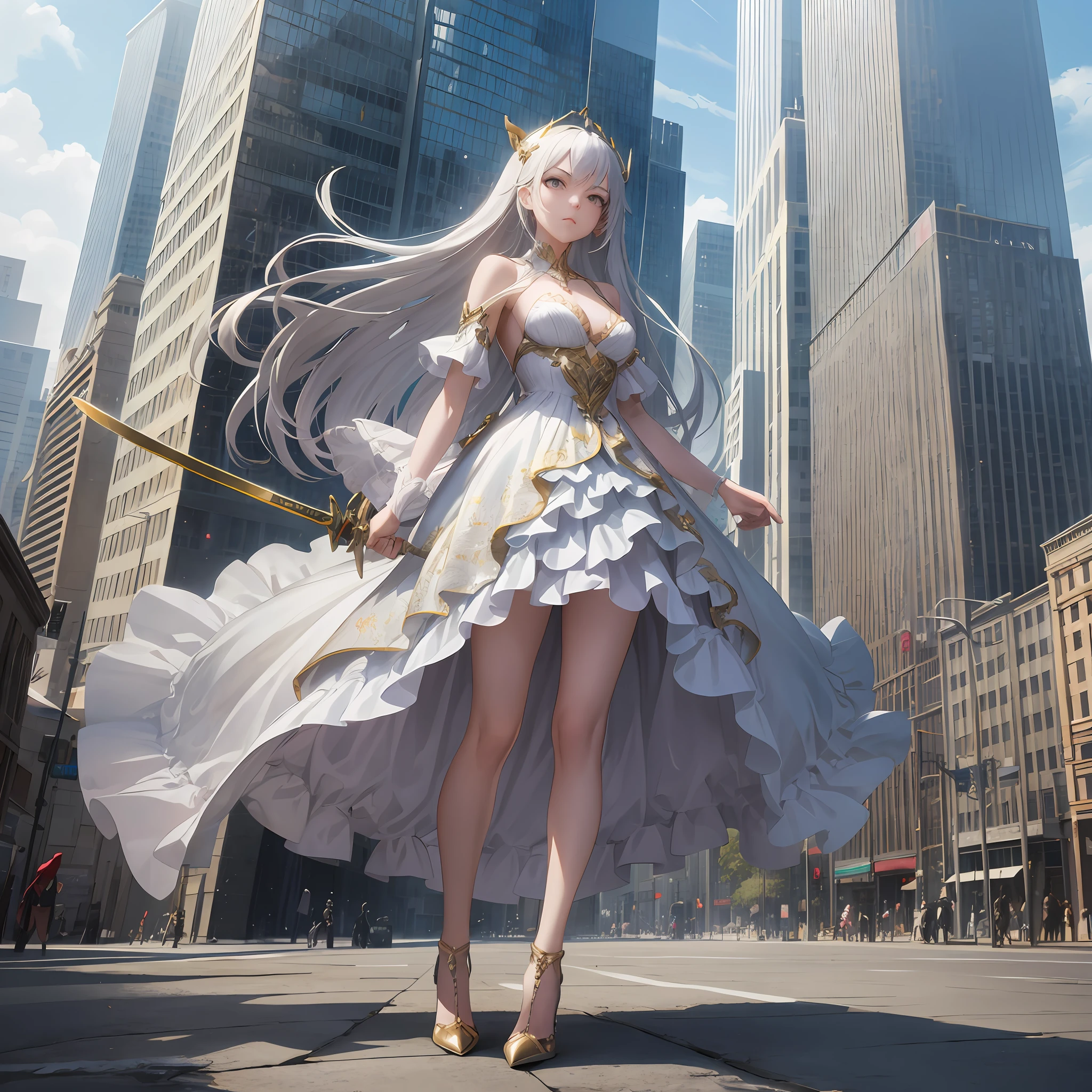 Anime - Style woman in a white dress with a sword in the city, 2. 5 D CGI anime fantasy artwork, Kushatt Krenz Key Art Women, advanced digital anime art, Anime goddess, Guweiz on ArtStation Pixiv, high detailed official artwork, Guweiz in Pixiv ArtStation, digital advanced anime art