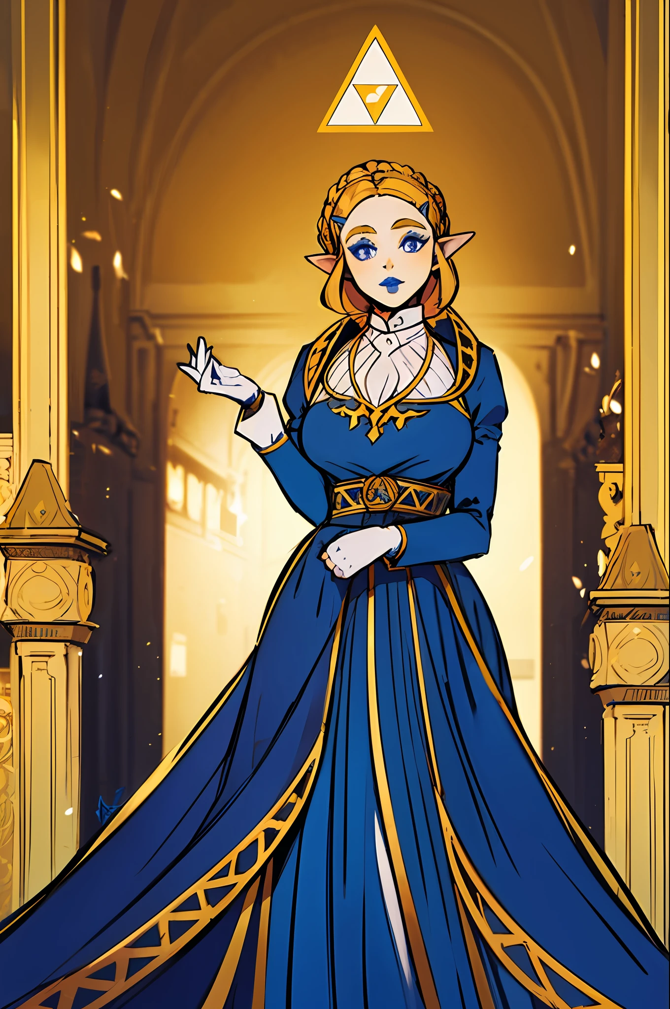 Queen in a royal blue dress standing in a Castle Hall, queen zelda, breath of the wild art style, queen zelda, botw style, zelda with triforce, wearing crown, heavy blue lipstick, Queen Dress, Tapered Dress with corset, Banquet Dress, Queen fancy Makeup, large fancy wide-cuff gloves, white cuff gloves with gold trim, queen crown, wide queen crown, small chest, standing at eye-level