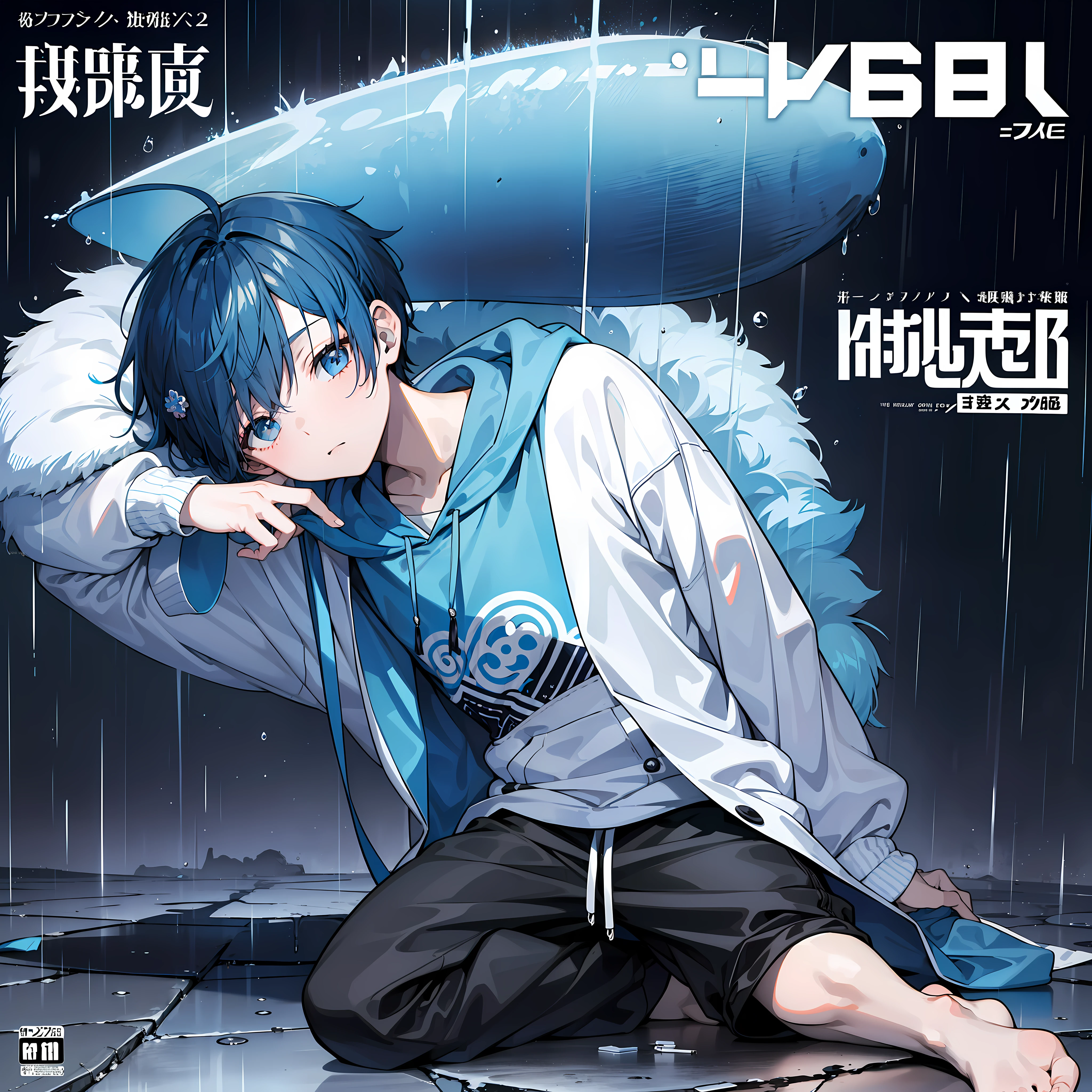 masterpiece, best quality, full body, (1boy), (blue hoodie), (Boy Messy Japanese Round Haircut for Thick Hair), (blue hair), black shorts, (solo), (magazine:1.3), (cover-style:1.3), fashionable, rain