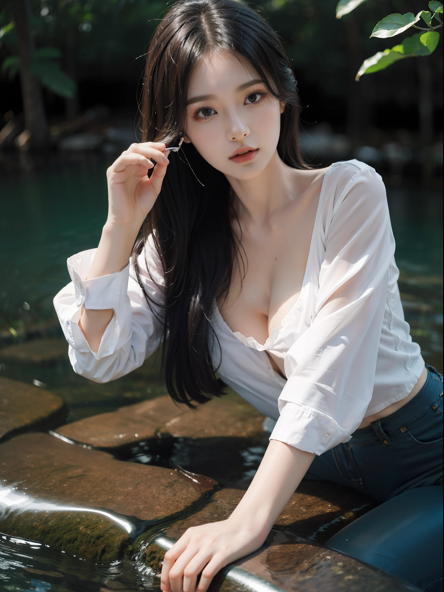 1girl, (8k, RAW photo, photorealistic: 1.25), collage style, (lip gloss, eyelashes, shiny face, shiny skin, best quality, ultra high resolution, depth of field, chromatic aberration, caustics, wide lighting, natural shading, Kpop idol),
girl in thin silk shirt, looking at viewer
A masterpiece, a girl immersed in the water, hands playing in the water, the lake, the waterfall behind, the remote forest, the beautiful girl in the water, wearing a thin silk shirt that exalts the angelic beauty, big breasts, tight shirt revealing sexy body in the water,