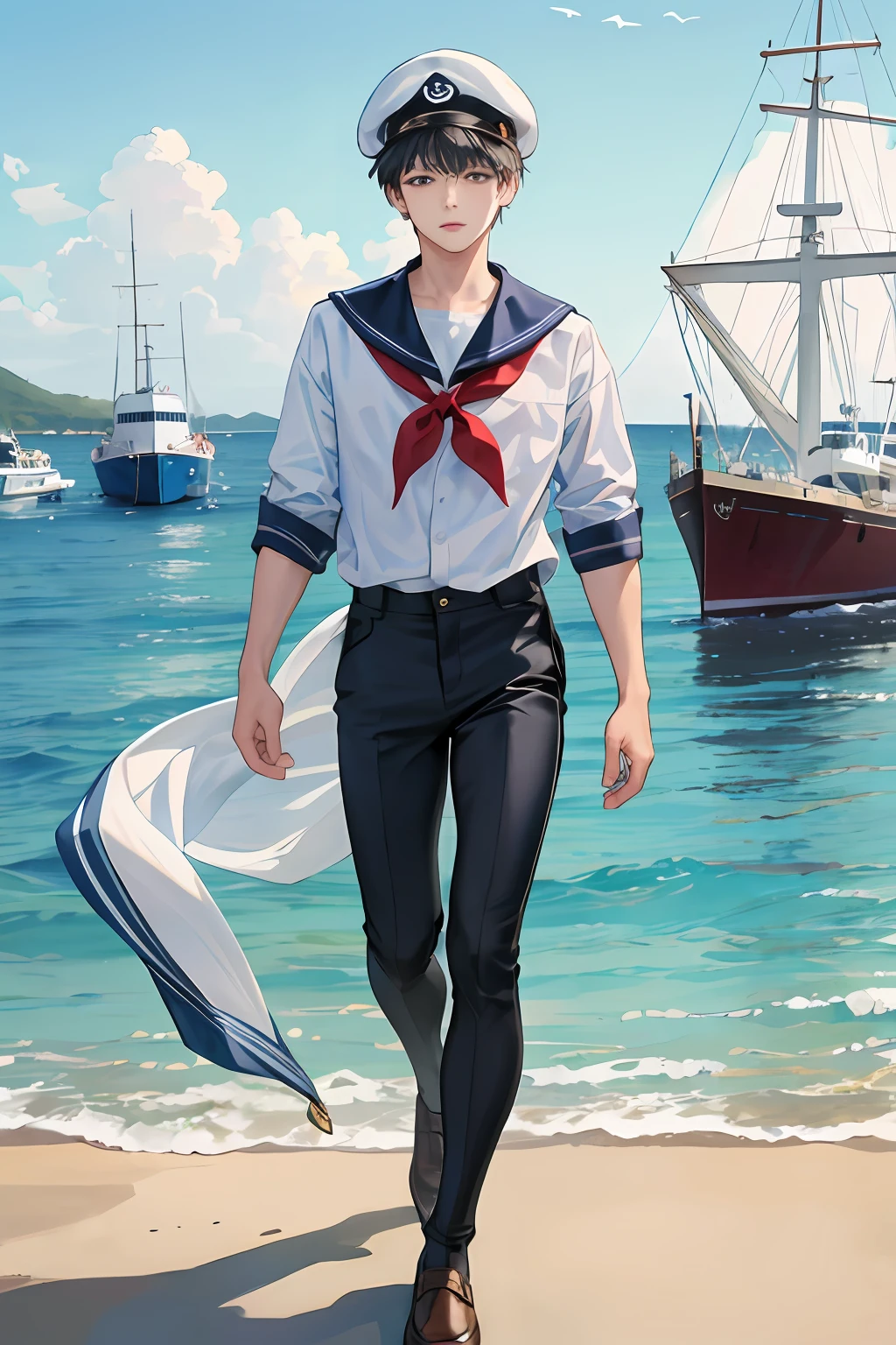 Handsome sailor little boy,Wearing a seafarer's hat,wearing legging,leather shoes