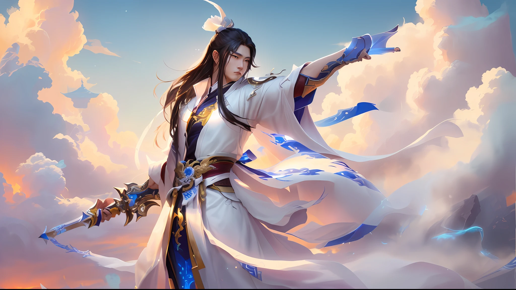 Fortitude youth with sword and sword in sky with clouds, zhao yun, xianxia hero, xianxia fantasy, heise jinyao, Chinese fantasy, flowing hair and long robes, Inspired by Huang Shen, Inspired by Zhao Yuan, Inspired by Seki Dosheng, flowing white robe, Inspired by Cao Zhibai, by Yang J