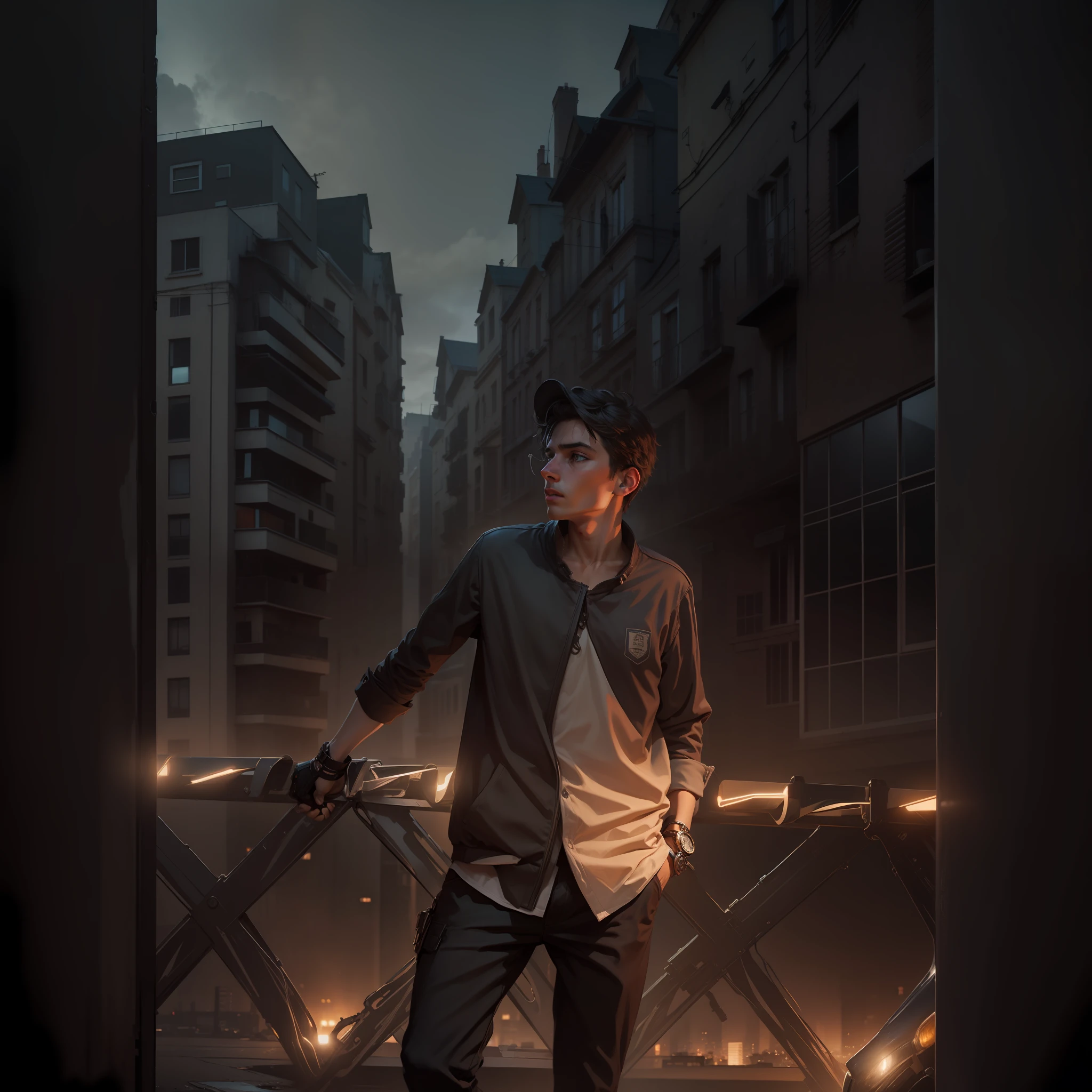 Smart boy, city,town,darkness, building, Cinematic, lofi,Realistic face,8k
