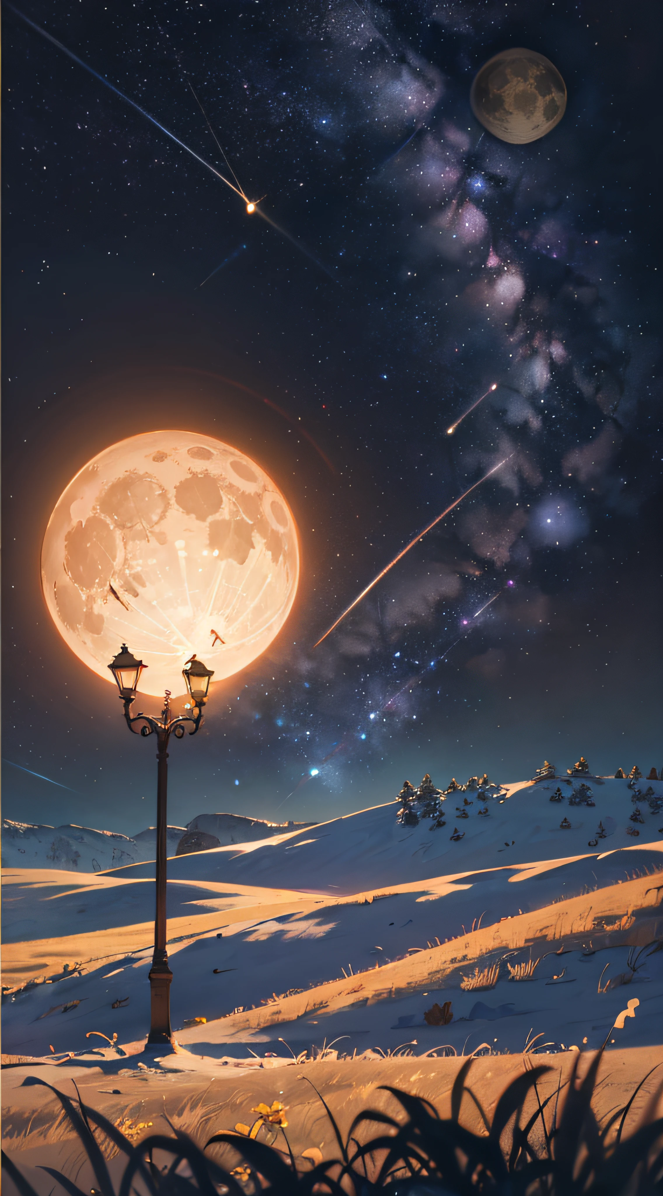 Expansive landscape photograph,(look from down,Above is the sky,Below are open fields),(moon full:1.2),(meteors:0.9),(Starcloud:1.3),Far Mountain, Tree BREAK making art,(Warm light source:1.2),(glowworm:1.2),lamp lights,Lots of purple and orange,Complicated details,Volumetriclighting,Realism BREAK(tmasterpiece:1.2),(best qualtiy),4K,Ultra-detailed,(dynamic compositions:1.4),The is very detailed,Colorful details,(Irridescent color:1.2),(luminouslighting,Atmospheric lighting),dream magical,magical,(独奏:1.2),((best qualtiy)), ((tmasterpiece)), (the detail:1.4),depth of fields,maximum definition and sharpness,perfectly proportions