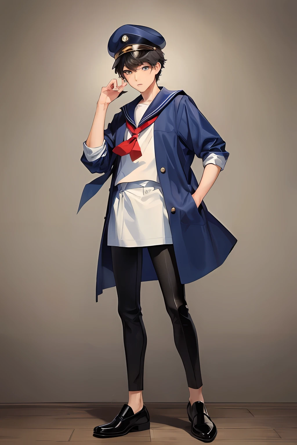 Handsome sailor boy，Wear a navy hat on the head，wearing legging，leather shoes