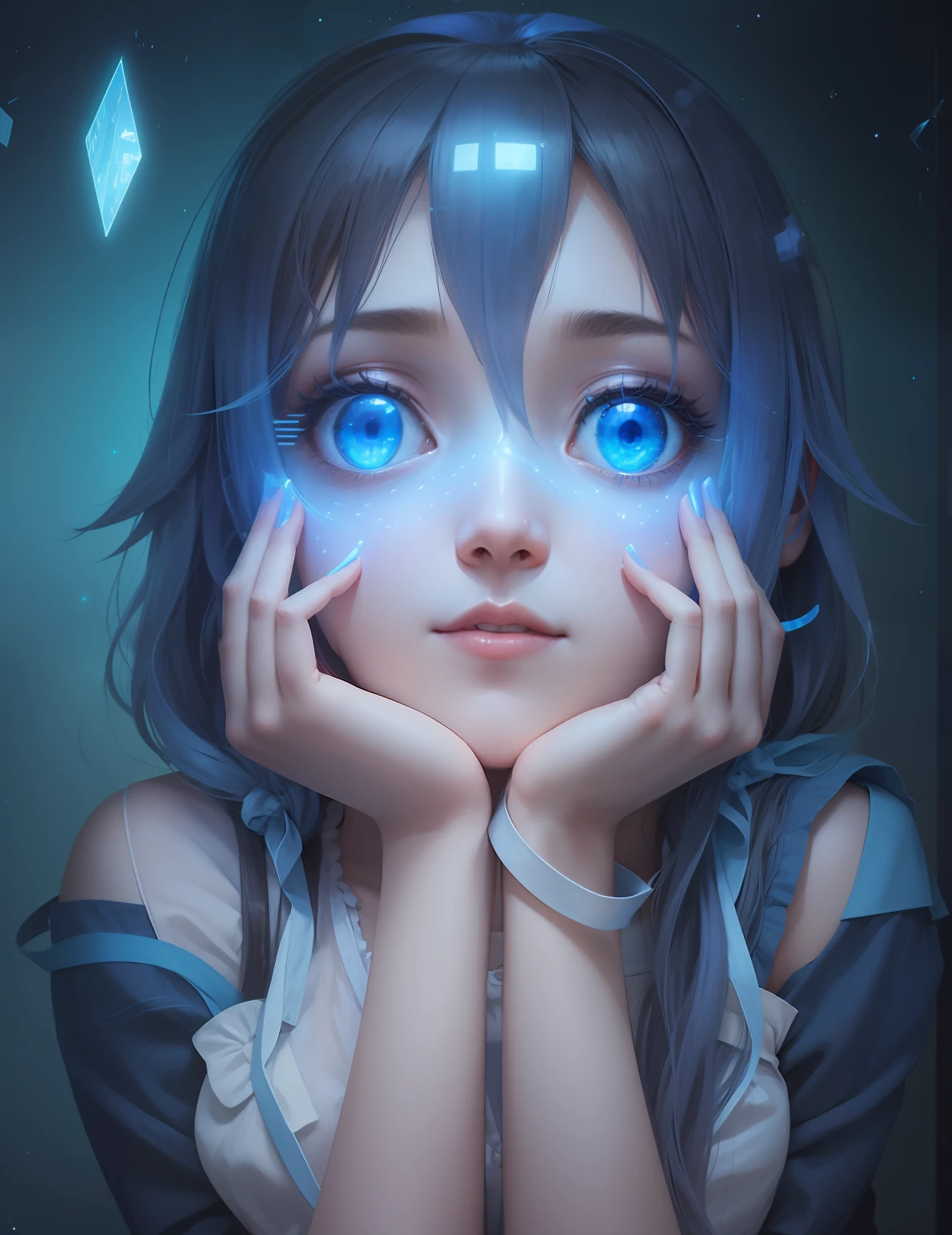 A girl connected to internet through her mind, virtual glass, blue decor, superb, Alice in Diffusion land