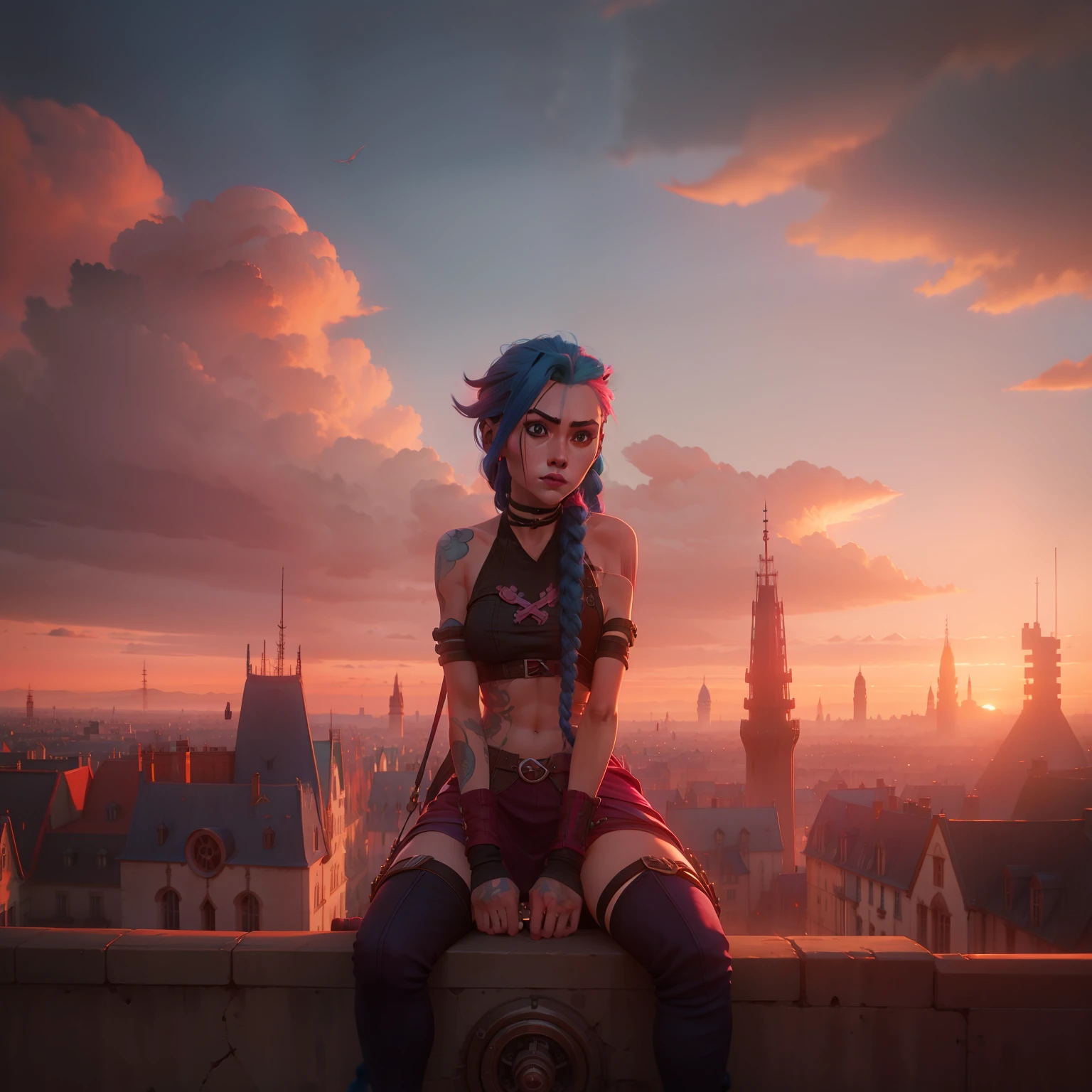 Jinx with long blue braids sits on the spire of the tower, Her braids flutter in the wind, Sunset over the city, sprawled below, red-pink tones,