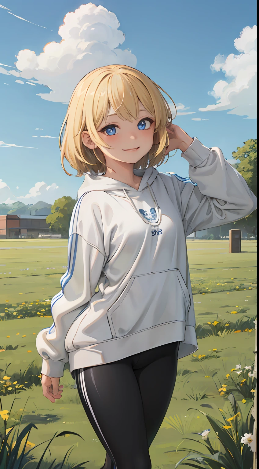best quality, masterpiece, small breasts, smile, sweatshirt, leggings, outdoors, anime style, grass field, daytime, blue sky, blue eyes, detailed eyes, medium hair, blonde hair, loose hair, bangs,