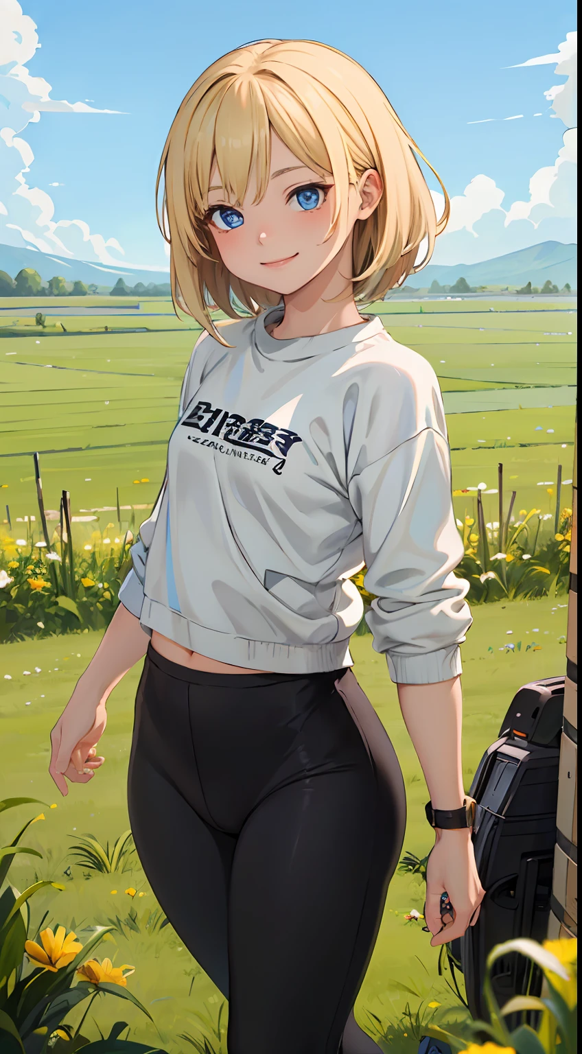 best quality, masterpiece, small breasts, smile, sweatshirt, leggings, outdoors, anime style, grass field, daytime, blue sky, blue eyes, detailed eyes, medium hair, blonde hair, loose hair, bangs,