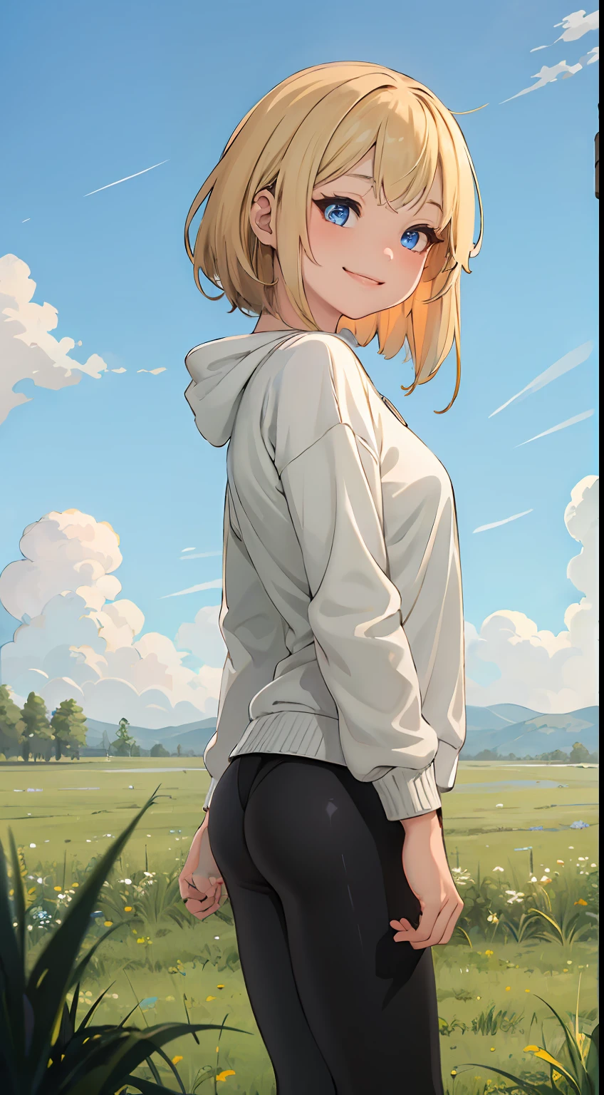 best quality, masterpiece, small breasts, smile, sweatshirt, leggings, outdoors, anime style, grass field, daytime, blue sky, blue eyes, detailed eyes, medium hair, blonde hair, loose hair, bangs, ass,