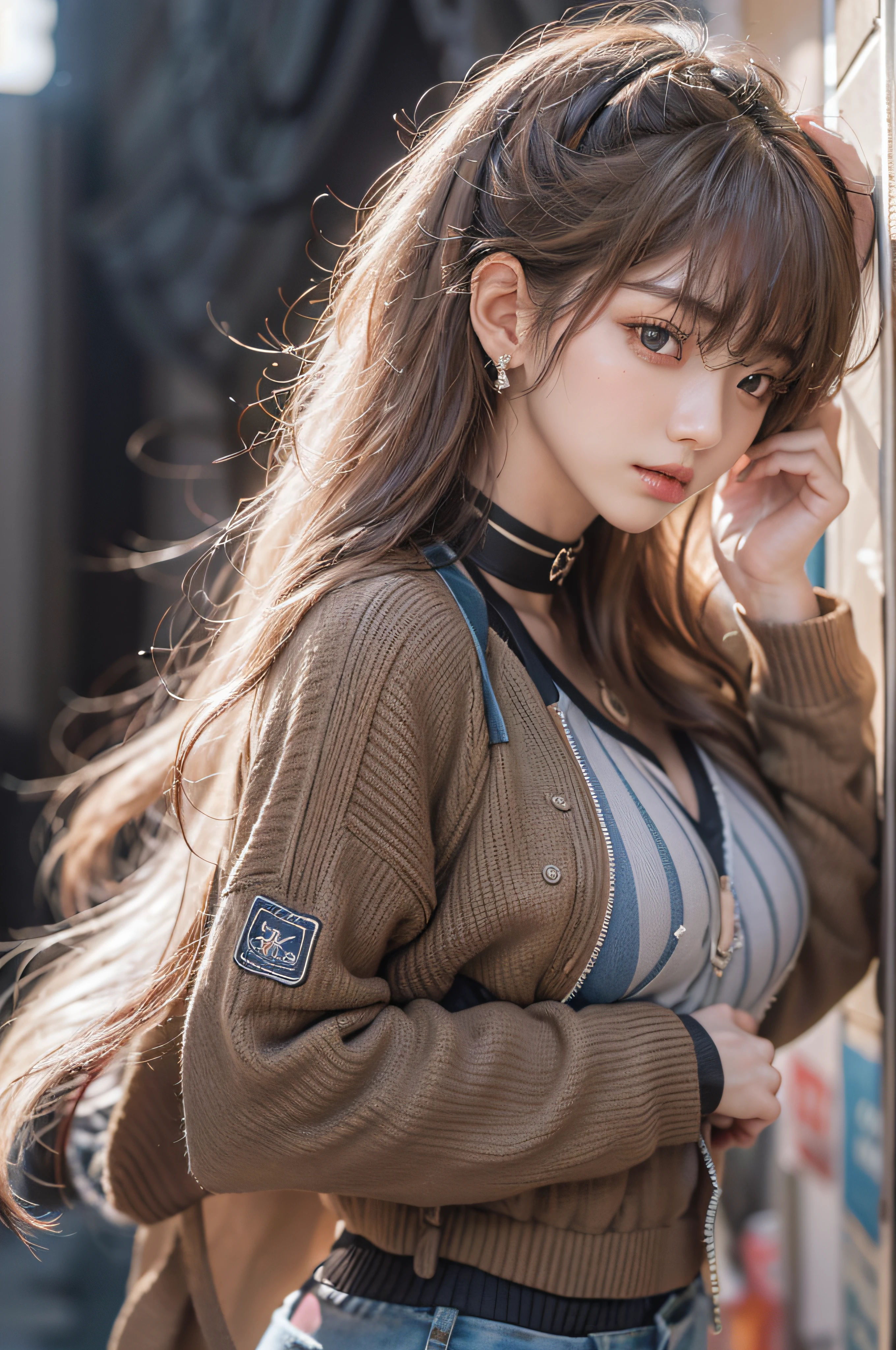 Best Quality Detail:1.2, realisitic, 8K UHD, hight resolution, 1girl in:1.2, The ultra-detailliert, High quality textures, intricate detailes, detaileds, Very detailed CG, High quality shadows, Detail Beautiful delicate face, Detail Beautiful delicate eyes, depth of fields, Ray traching, in her 20s, Pretty Kpop Girl, Korean Urzan Face:1.1, Slender face, ulzzang -6500-v1.1:0.6, pureerosface_v1, gloweyes, teak, Glossy lips, perfectbody, a choker、cleavage of the breast、 Brown hair、poneyTail:1.1, Street, Particle, look at viewr, Photorealsitic:1.4, ultra-detailliert, photos realistic, 4K 8K UHD Full Color RAW Photos, Fuji Film(Medium format:1.2), Hasselblad:1.2, Carl zeiss:1.1, Incredible dynamic range photography(UTIL_Art by Smoose-768:1.1), hight resolution, High pixel count, clear details, crisp image, Natural color reproduction, Noise Reduction, High fidelity, qulity, Software Improvements, Upscaling, Optimized algorithms, Pro-level retouching、((Shibuya, tokyo prefecture))、On the way to shopping、((Fashionable clothes with a very high design))、Casual Tracksuit: Sporty and casual tracksuit、Fashionable style