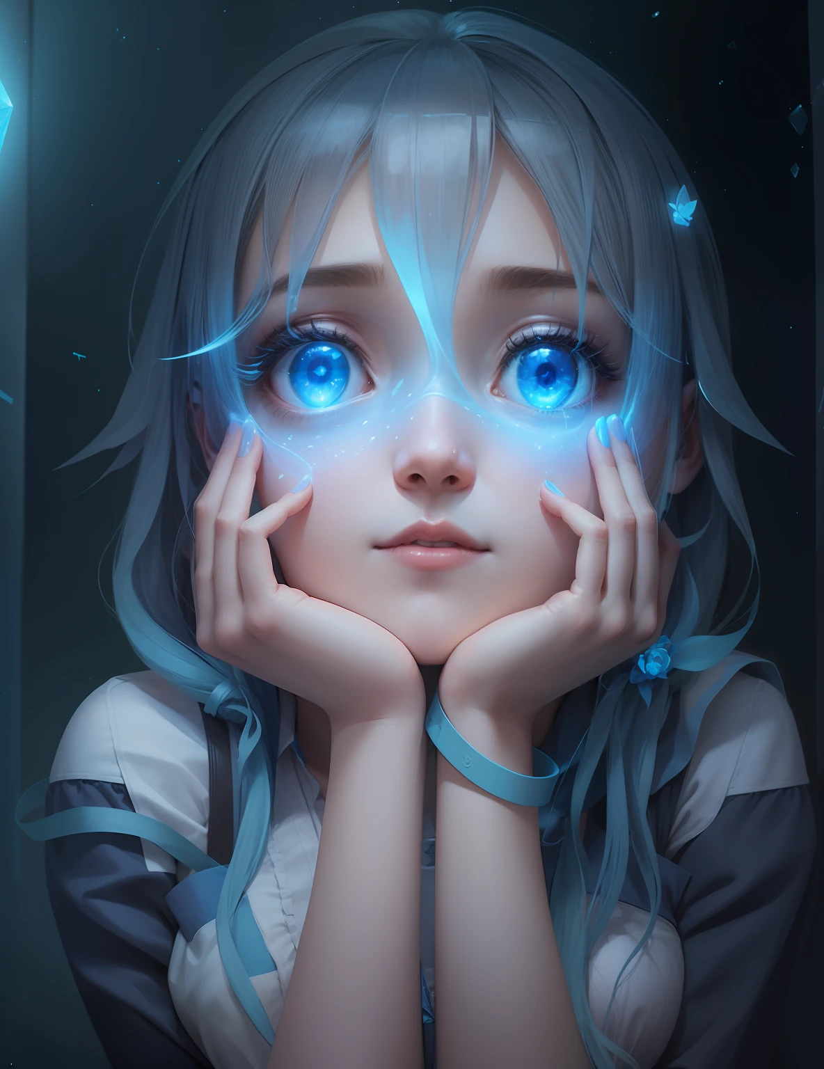 A girl connected to internet through her mind, virtual glass, blue decor, superb, Alice in Diffusion land